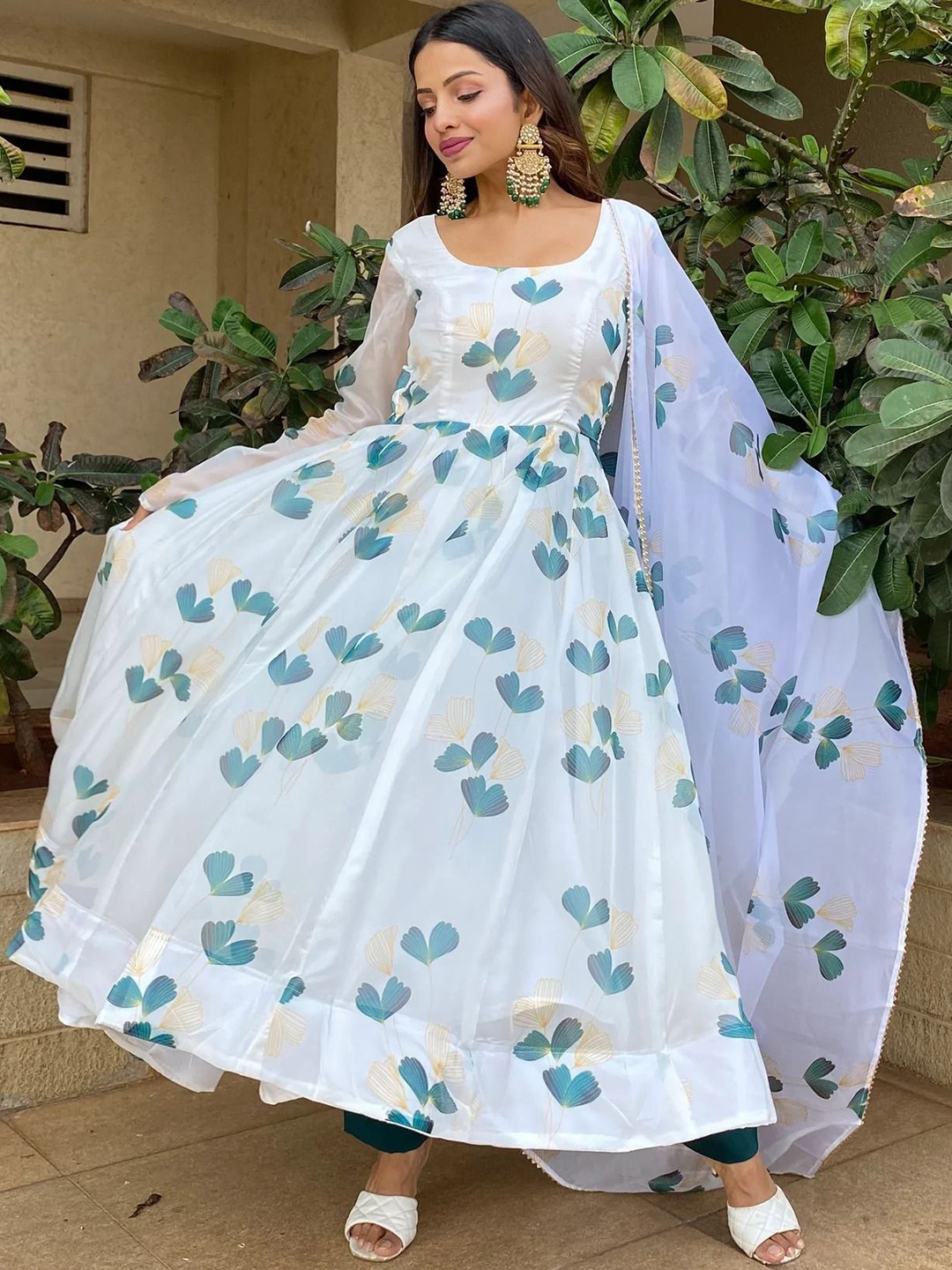 

KALINI Floral Printed Round Neck Anarkali Kurta With Trousers & Dupatta, White