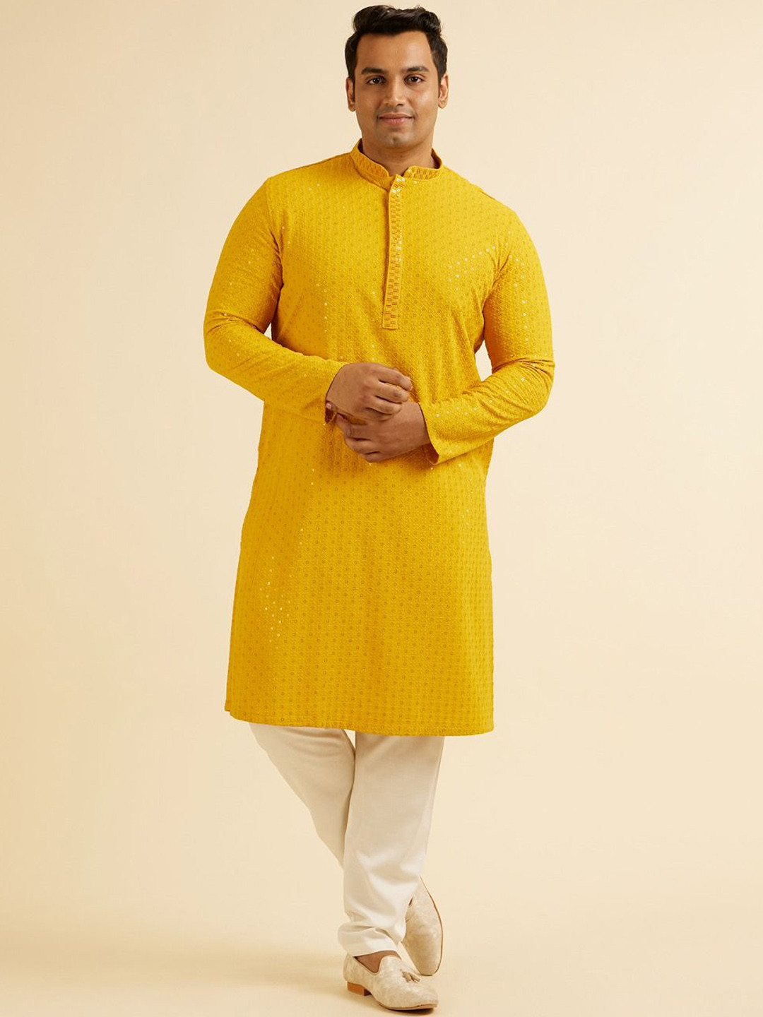 

Manyavar Plus Size Ethnic Motifs Embroidered Sequinned Kurta with Pyjama, Mustard