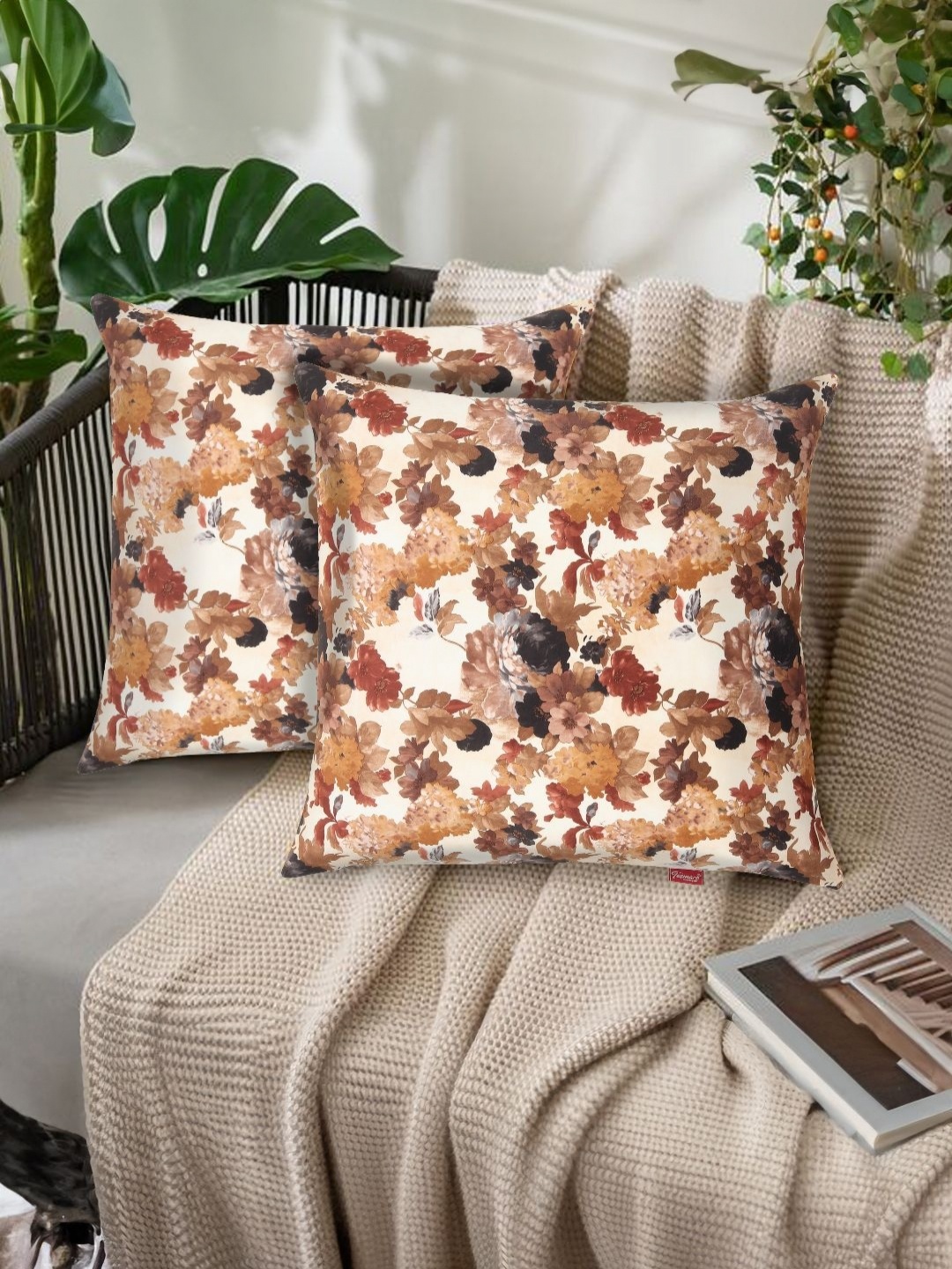 

Tesmare Brown & Off White 2 Pieces Floral Square Cushion Covers