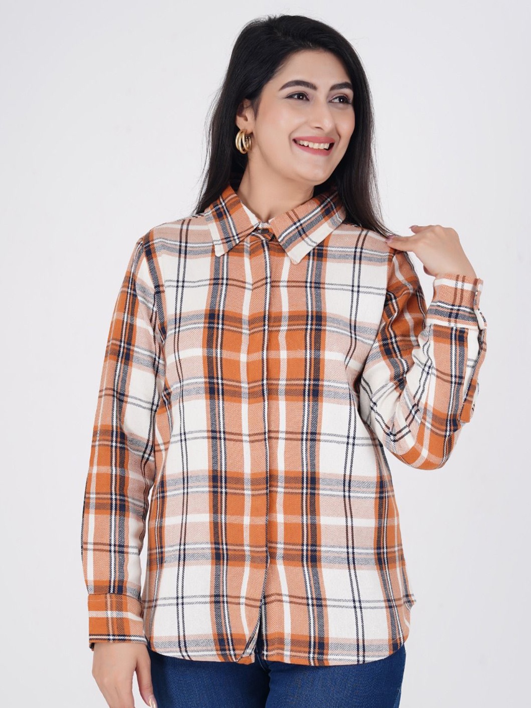 

BAESD Women Spread Collar Tartan Checked Cotton Casual Shirt, Orange