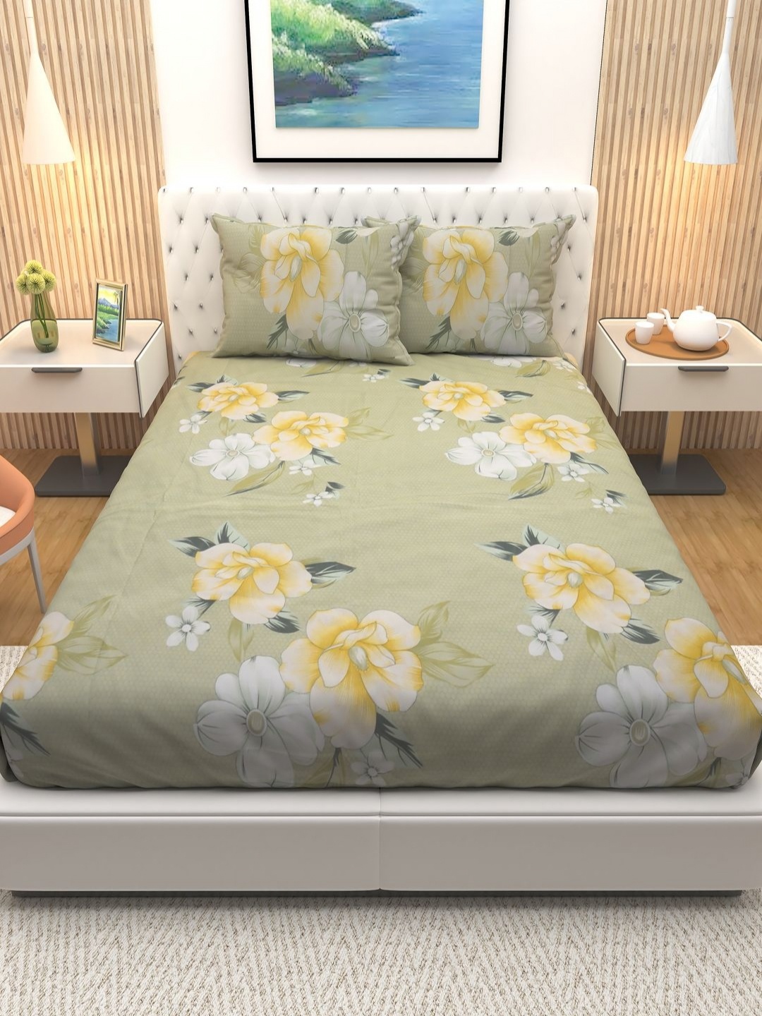 

Aura Green & Yellow Floral Printed Cotton 180 TC Queen Bedsheet with 2 Pillow Covers