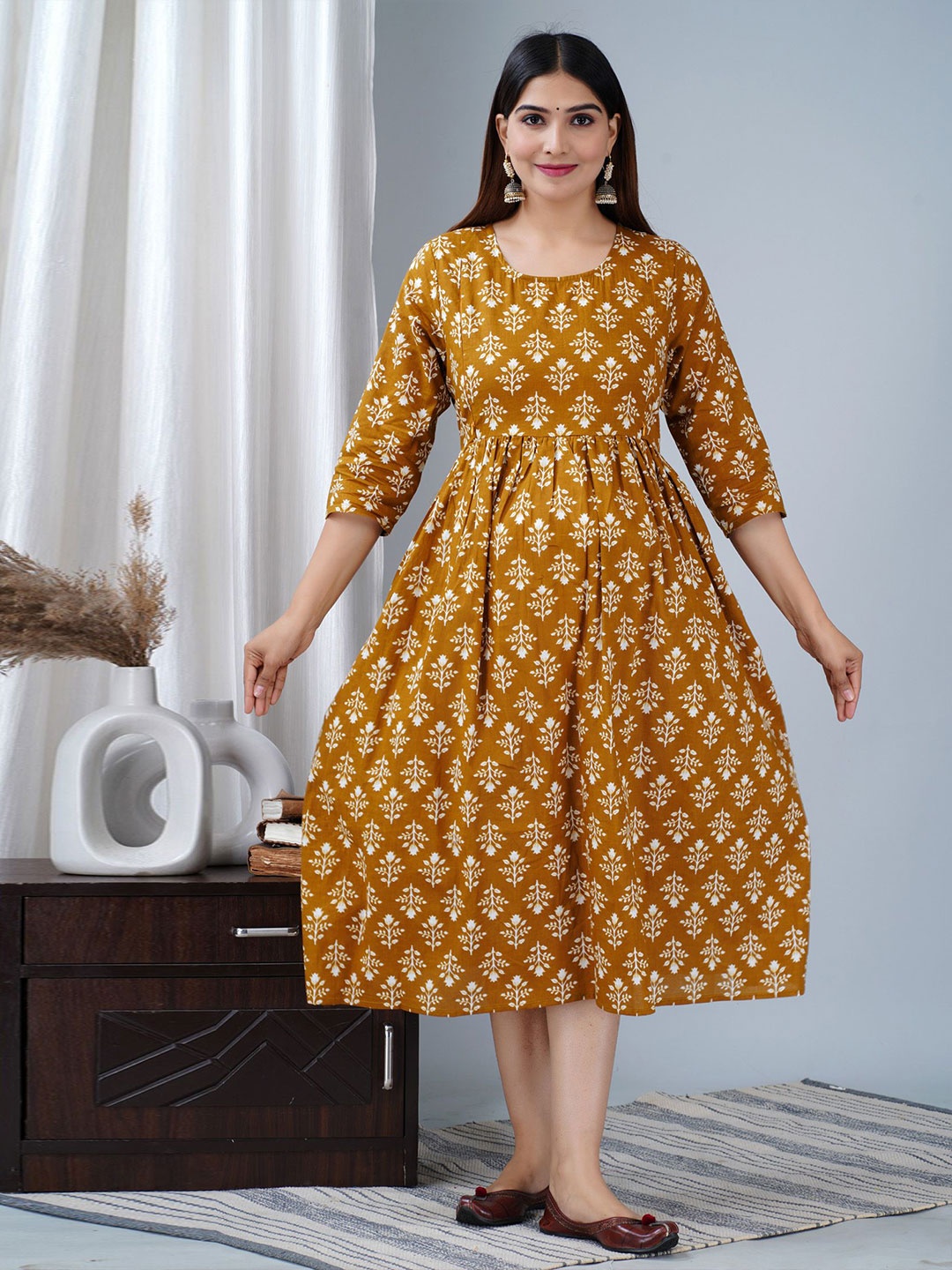 

TANISHA Women Floral Print Maternity Fit & Flare Ethnic Dresses, Mustard