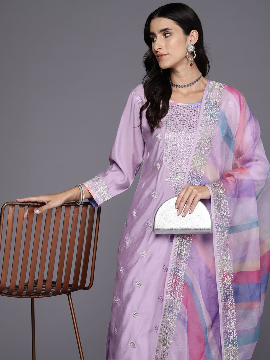 

Anouk Ethnic Motifs Embroidered Regular Pure Cotton Straight Kurta with Trousers & Dupatta, Lavender