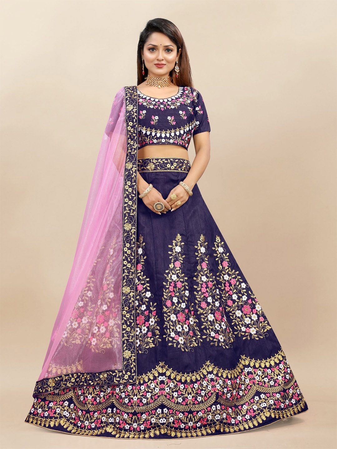 

LADY SHOPI Embroidered Beads and Stone Semi-Stitched Lehenga & Unstitched Blouse & Dupatta, Blue