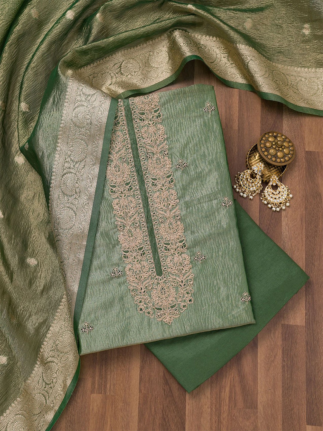 

Koskii Floral Embroidered Zari Unstitched Dress Material, Green