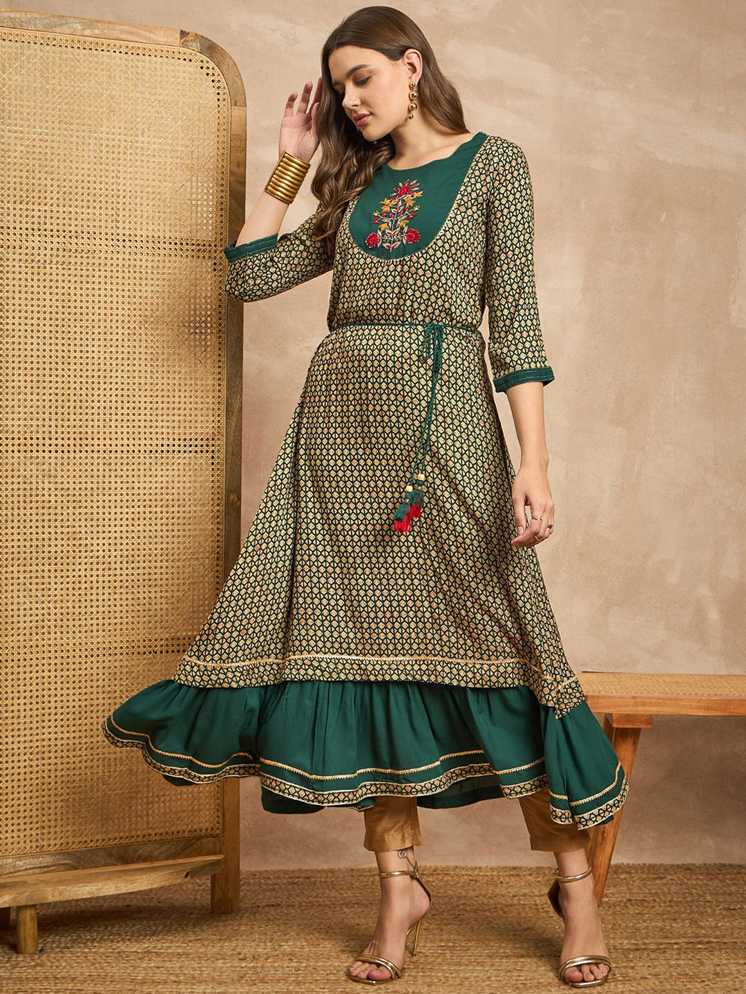 

all about you Printed Round Neck Ethnic Dresses, Green