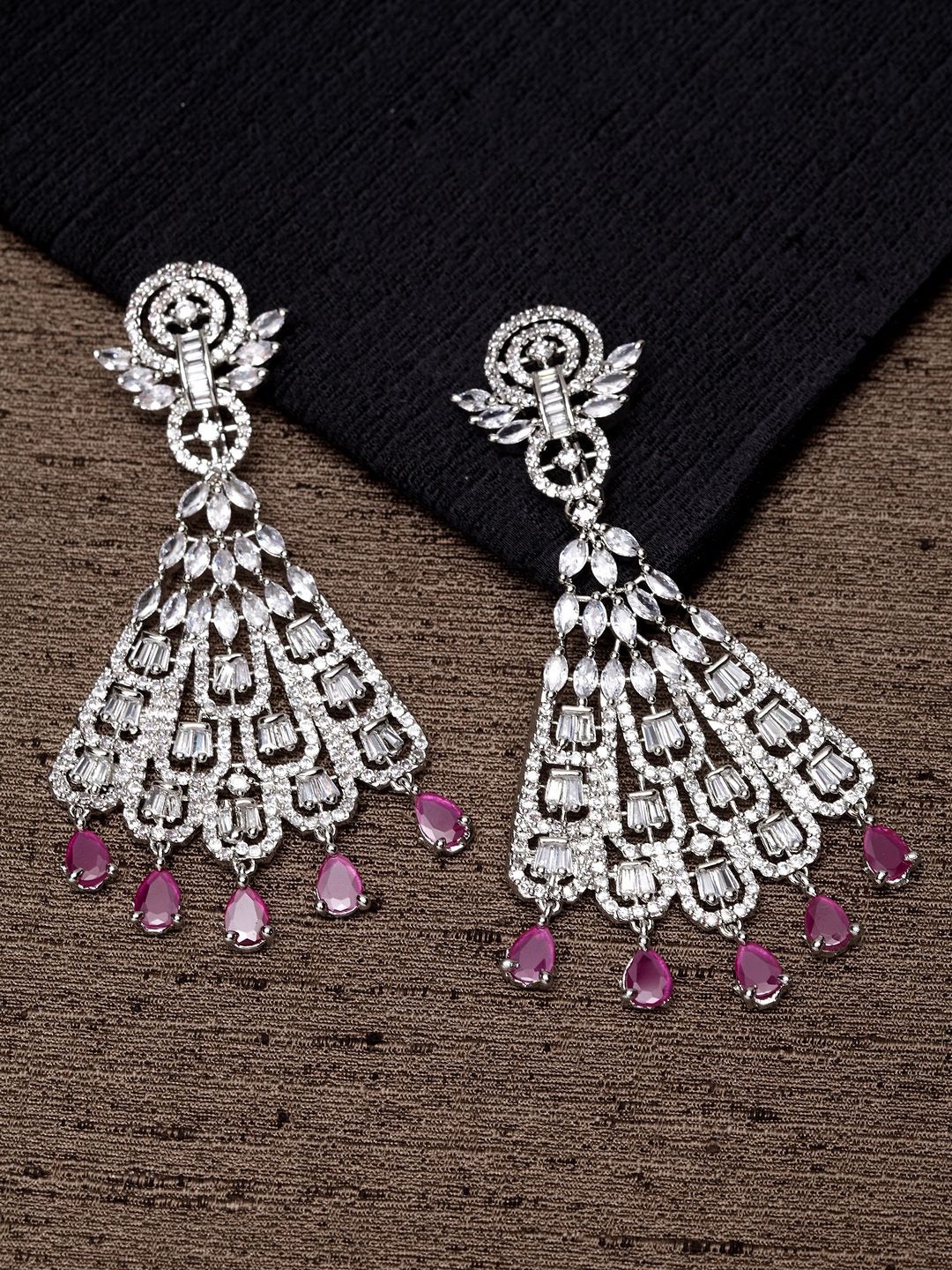 

ANIKAS CREATION Silver-Plated American Diamond Drop Earrings, Magenta