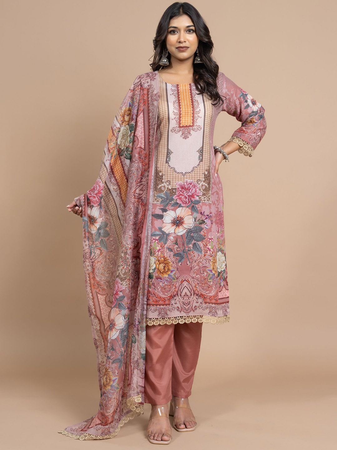 

VIRICA Floral Printed Phulkari Straight Kurta & Trousers With Dupatta, Peach