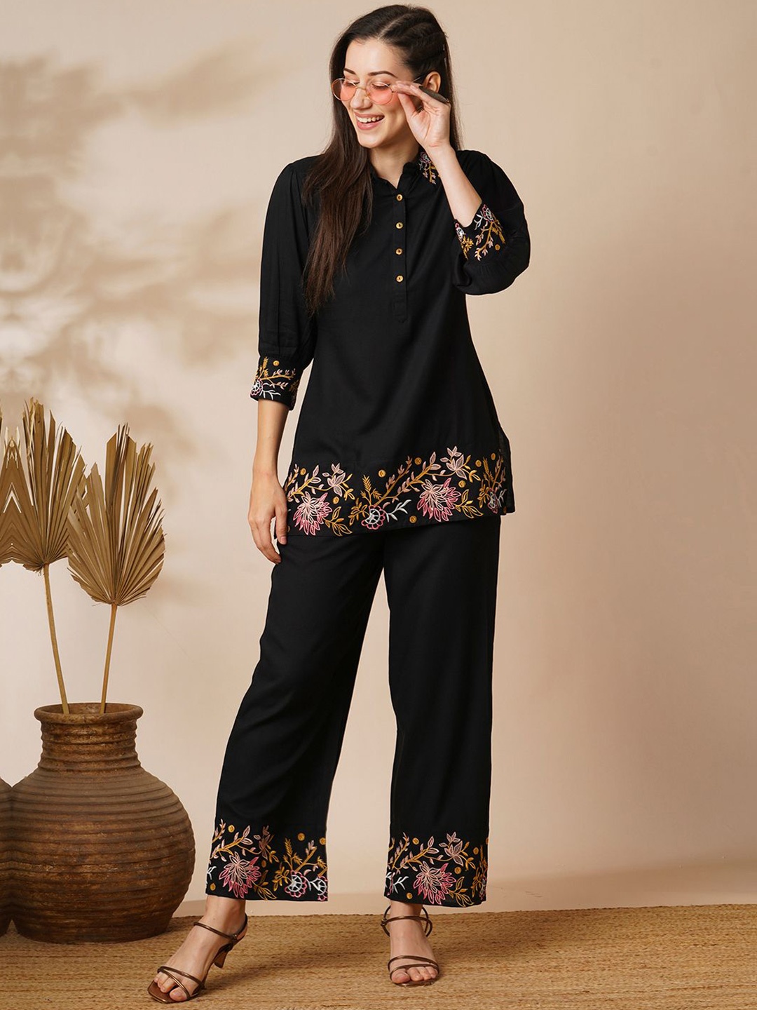 

Globus Black Floral Embroidered Top & Trousers