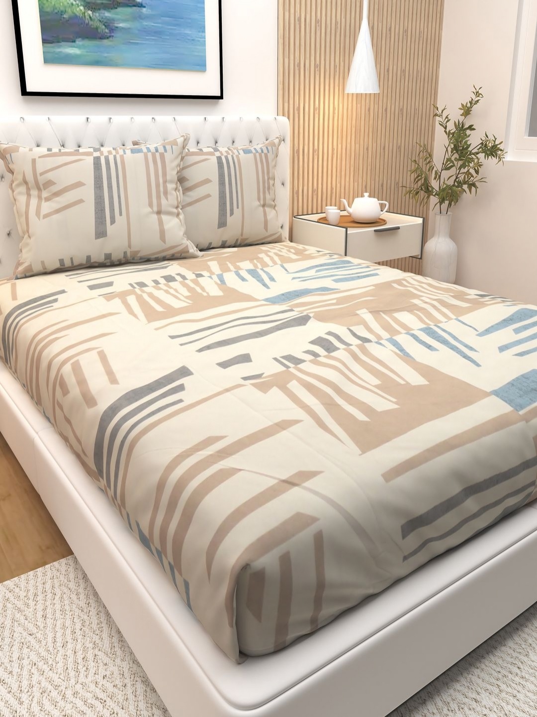 

Athom Living Beige & Grey Abstract Printed Cotton 180 TC Queen Bedsheet & 2 Pillow Covers