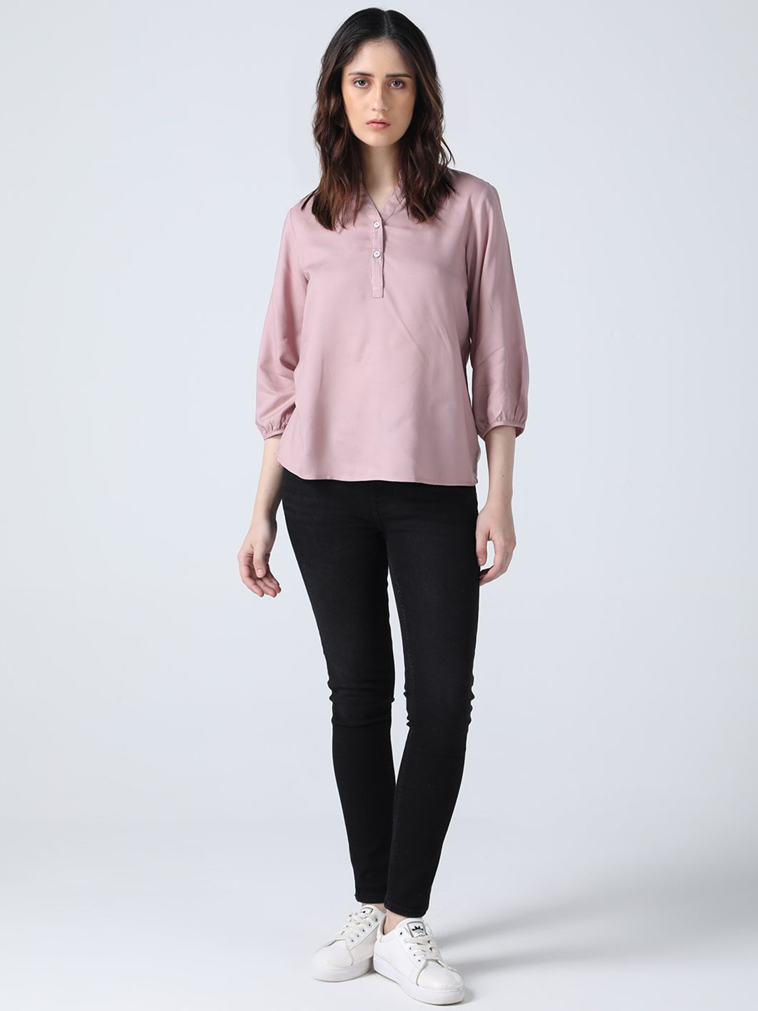 

IDK Women Solid Mandarin Collar Top, Peach
