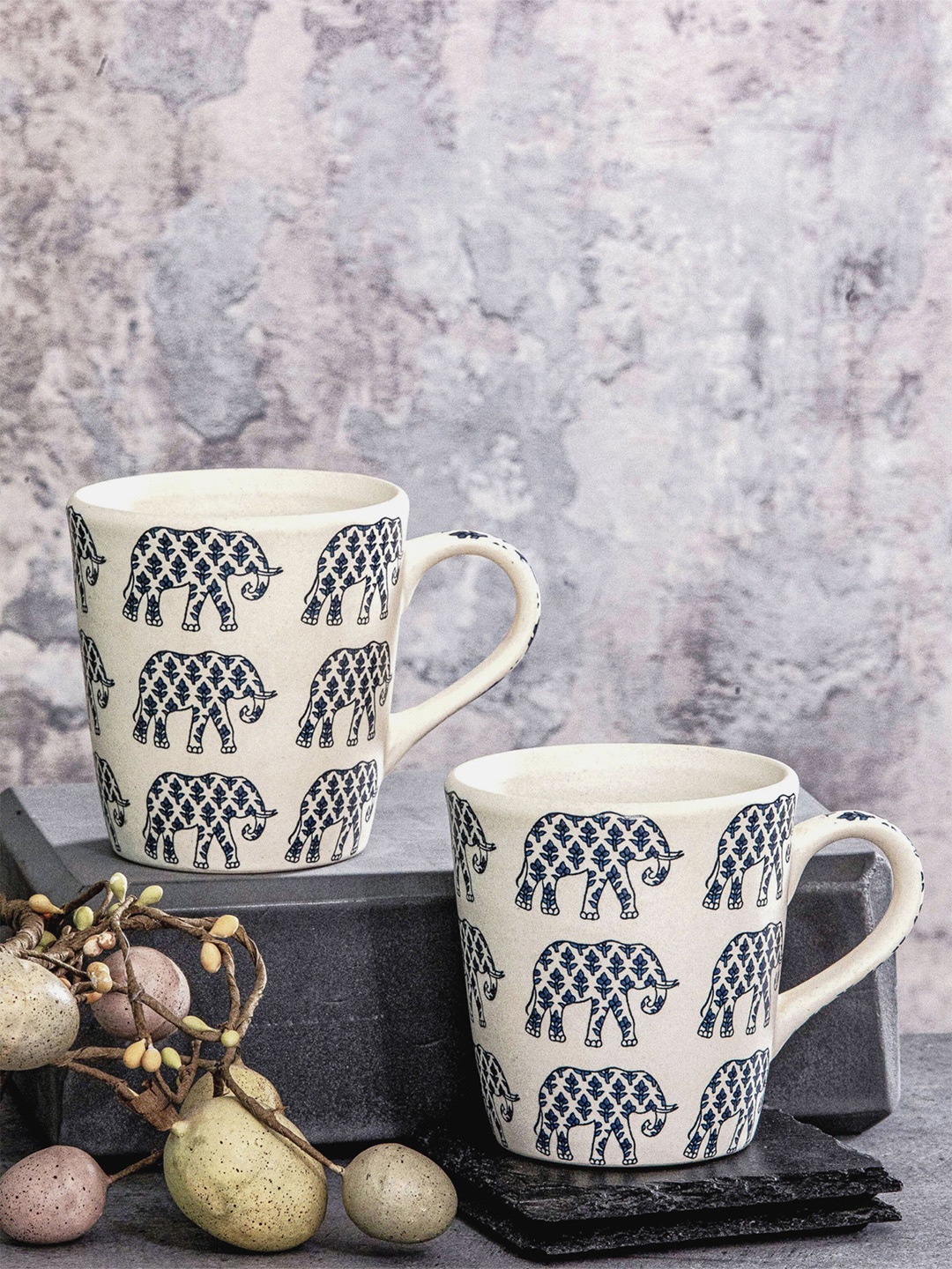 

GOODHOMES White & Blue 2 Pieces Printed Stoneware Glossy Mugs 310 ml