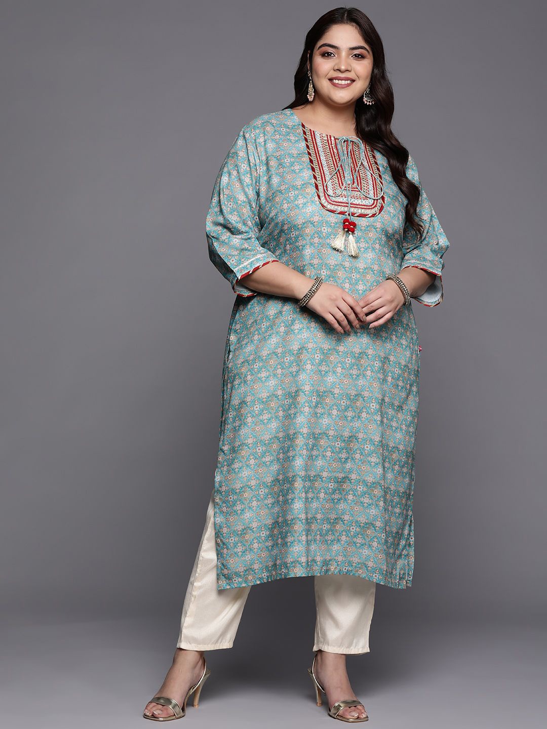 

Sztori Plus Size Floral Printed Gotta Patti Silk Straight Kurta, Blue