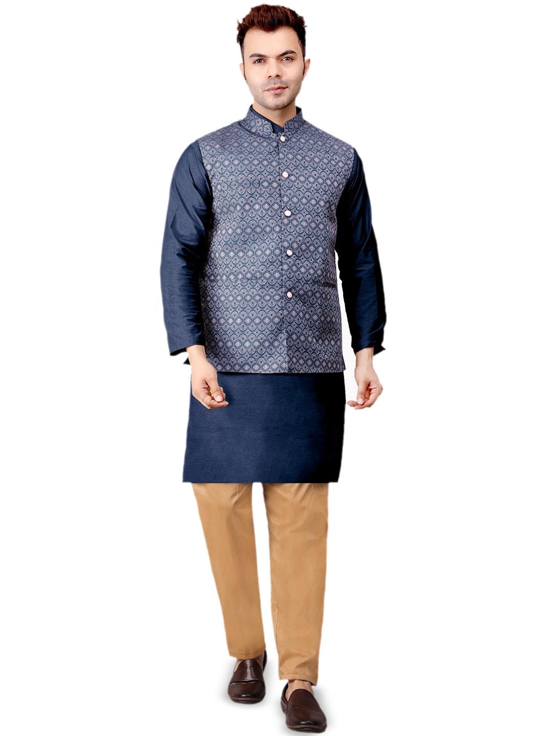 

Voniry Geometric Woven Design Jacquard Straight Kurta With Pyjamas & Nehru Jacket, Navy blue