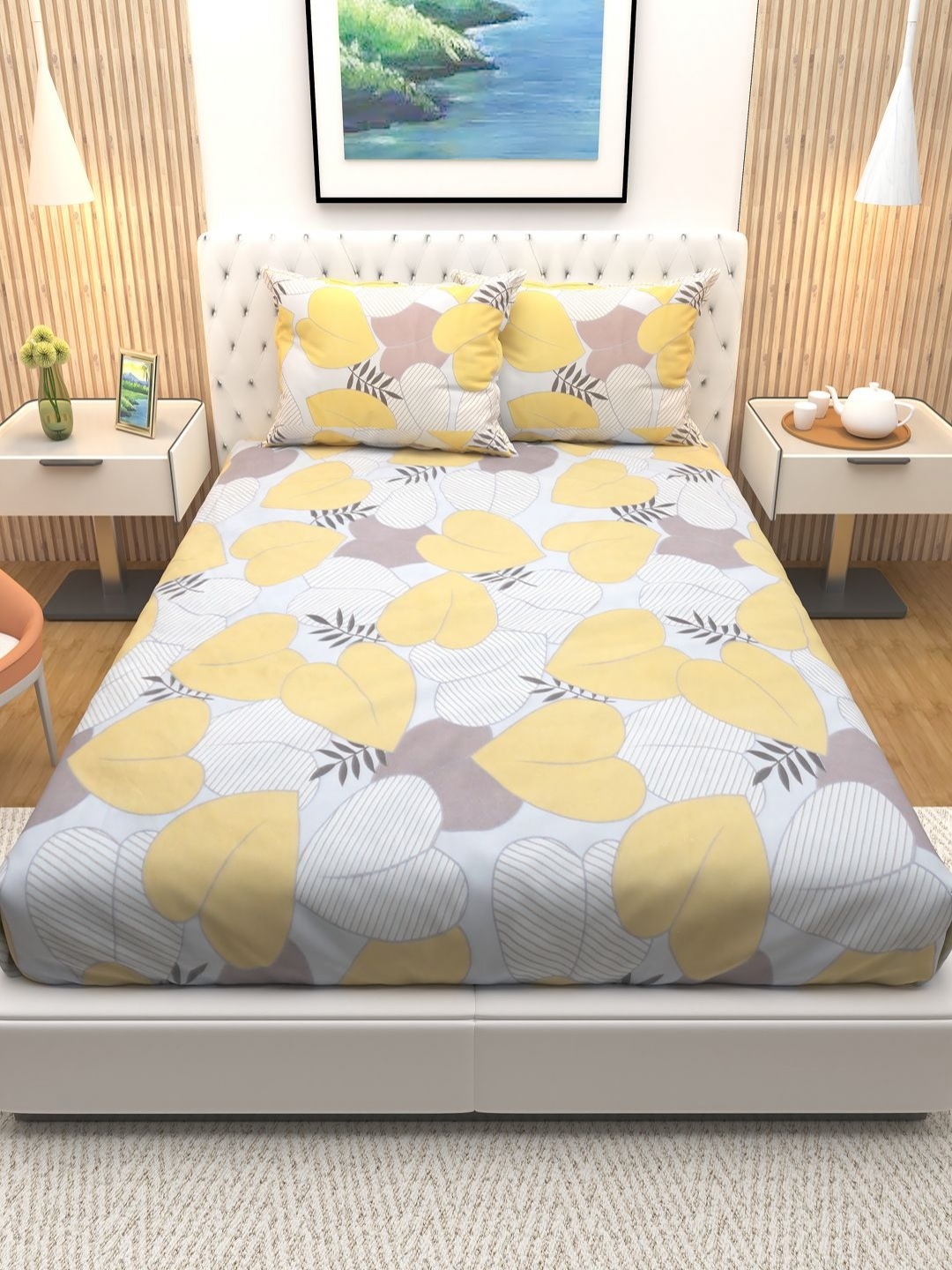 

Aura Yellow & White Floral Printed Cotton 180 TC Queen Bedsheet with 2 Pillow Covers