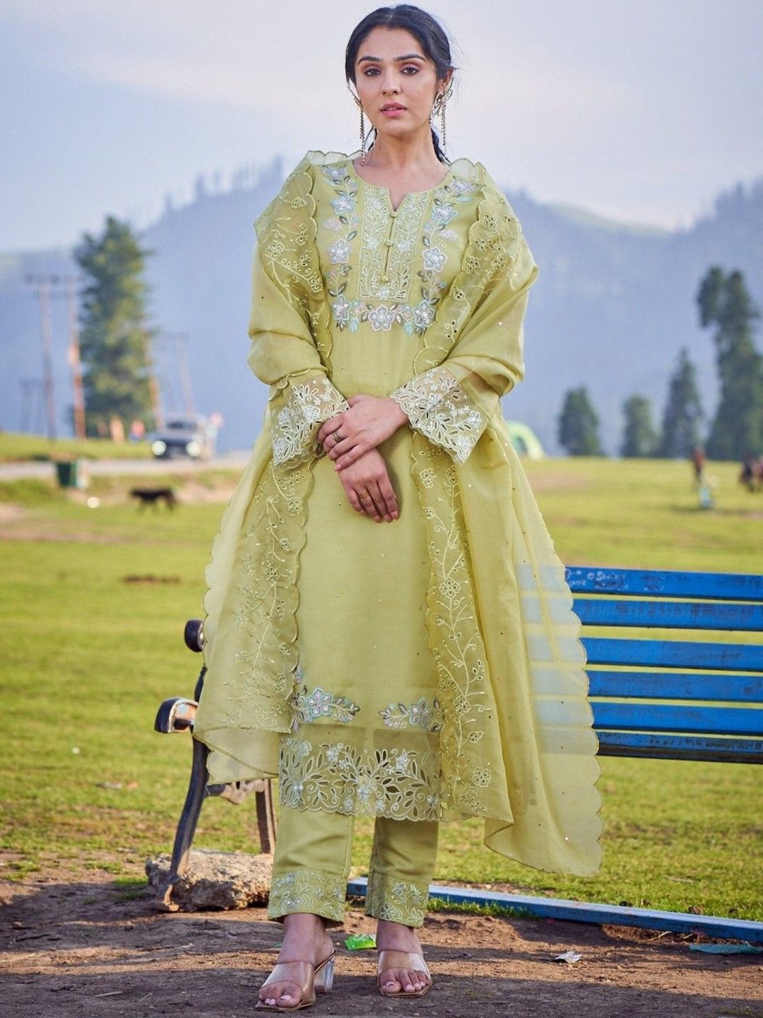 

AUTUMN LANE Ethnic Motifs Embroidered V-Neck Cotton Straight Kurta with Trousers & Dupatta, Green