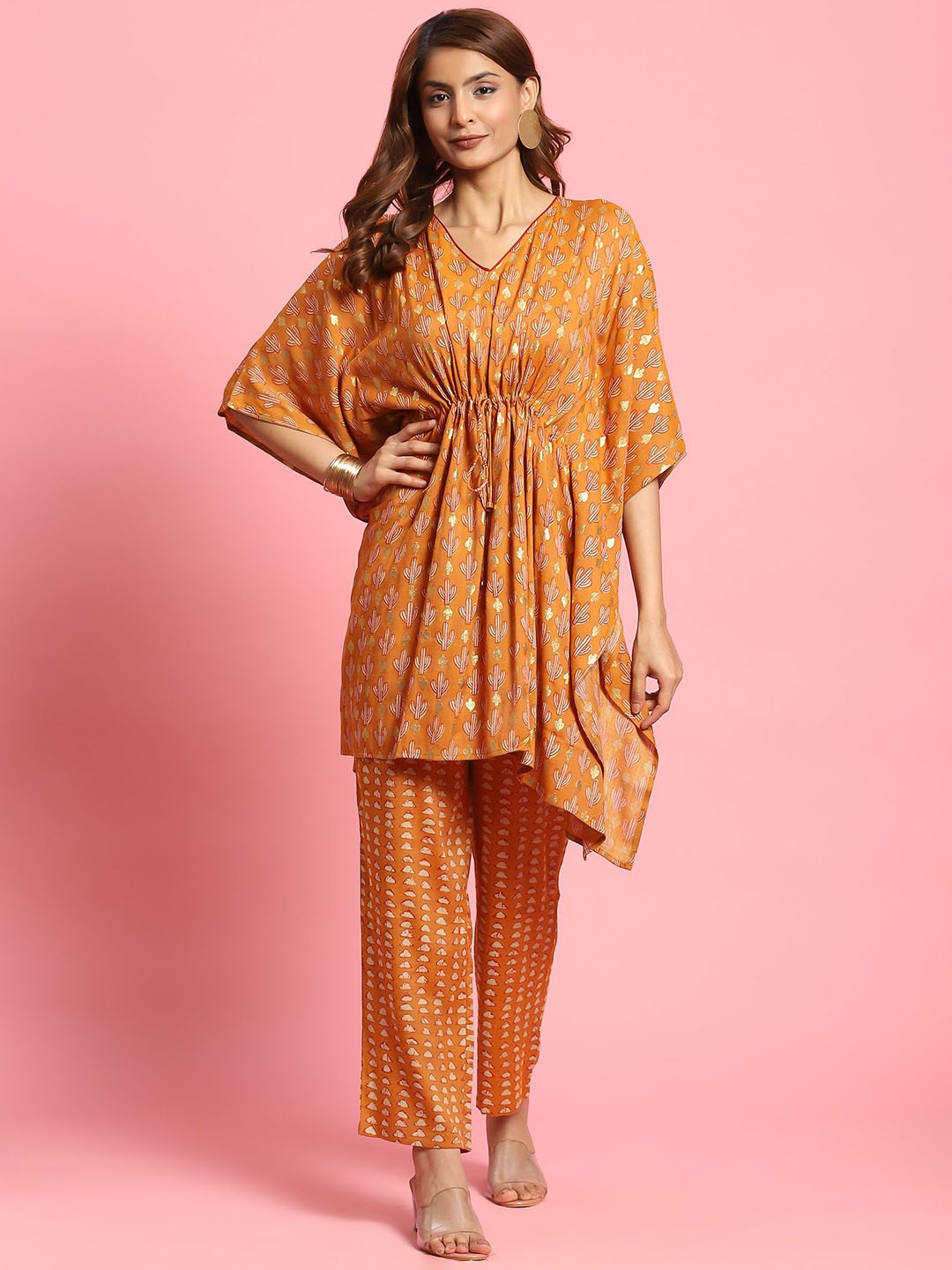 

Shree Floral Printed V Neck Kaftan Tunic & Trouser, Mustard