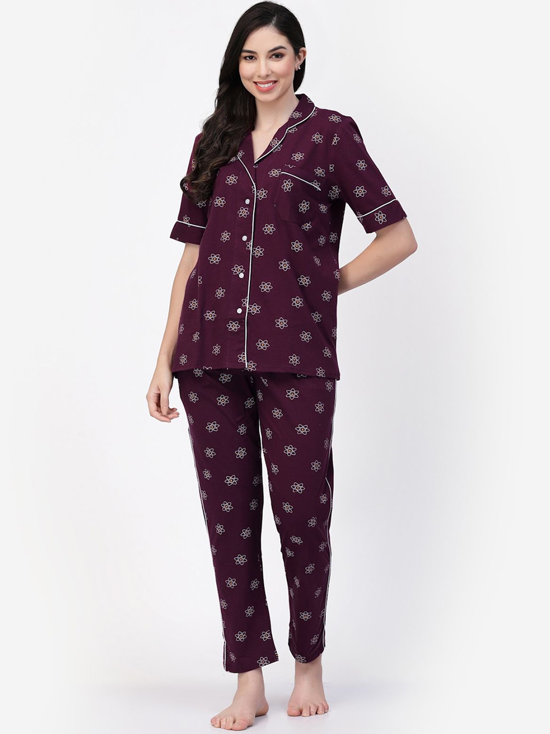 

SHYAM SONS FLAIR Women Printed Night suit, Maroon