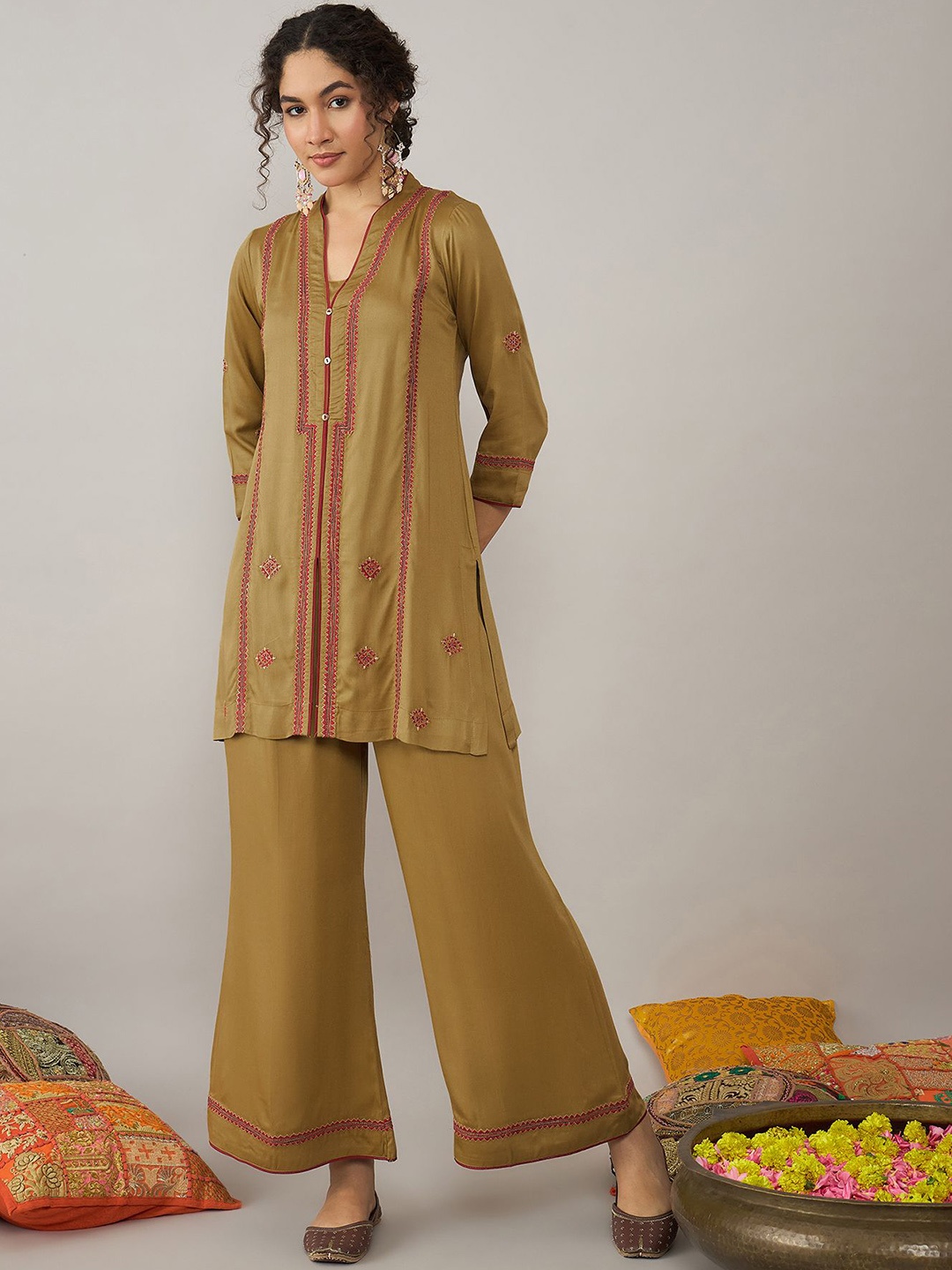 

STADO Floral Embroidered Top with Trousers, Mustard