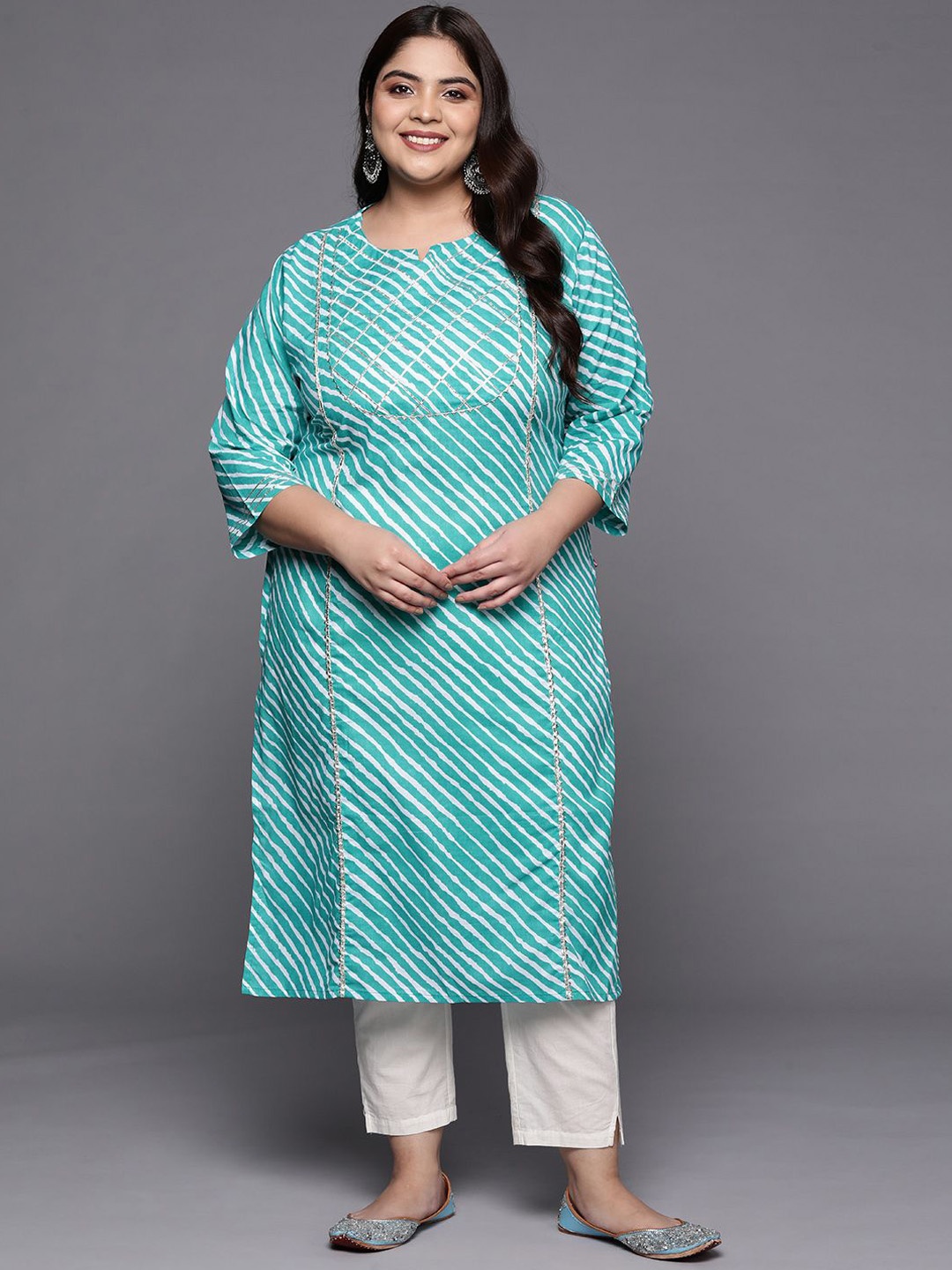 

Sztori Plus Size Leheriya Printed Gotta Patti Cotton Straight Kurta, Turquoise blue