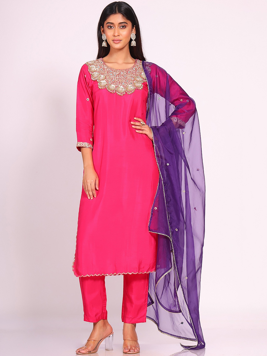 

ORAT Ethnic Motifs Embroidered Zari Pure Silk Kurta With Trousers & Dupatta, Pink