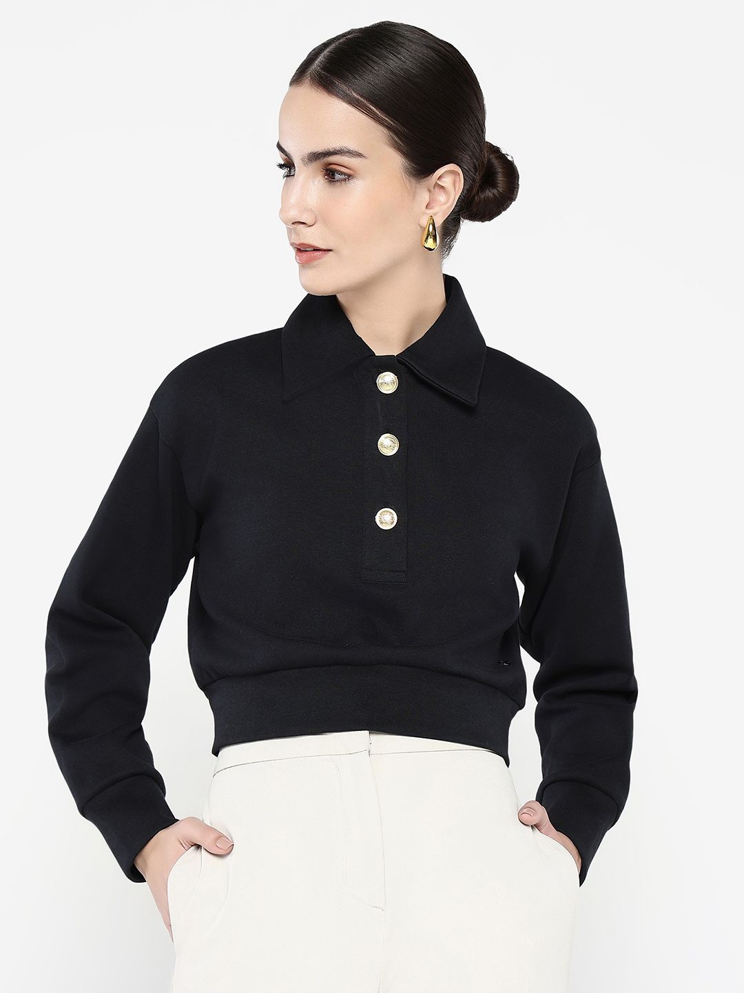 

RAREISM Women Solid Shirt Collar Sweatshirt, Black