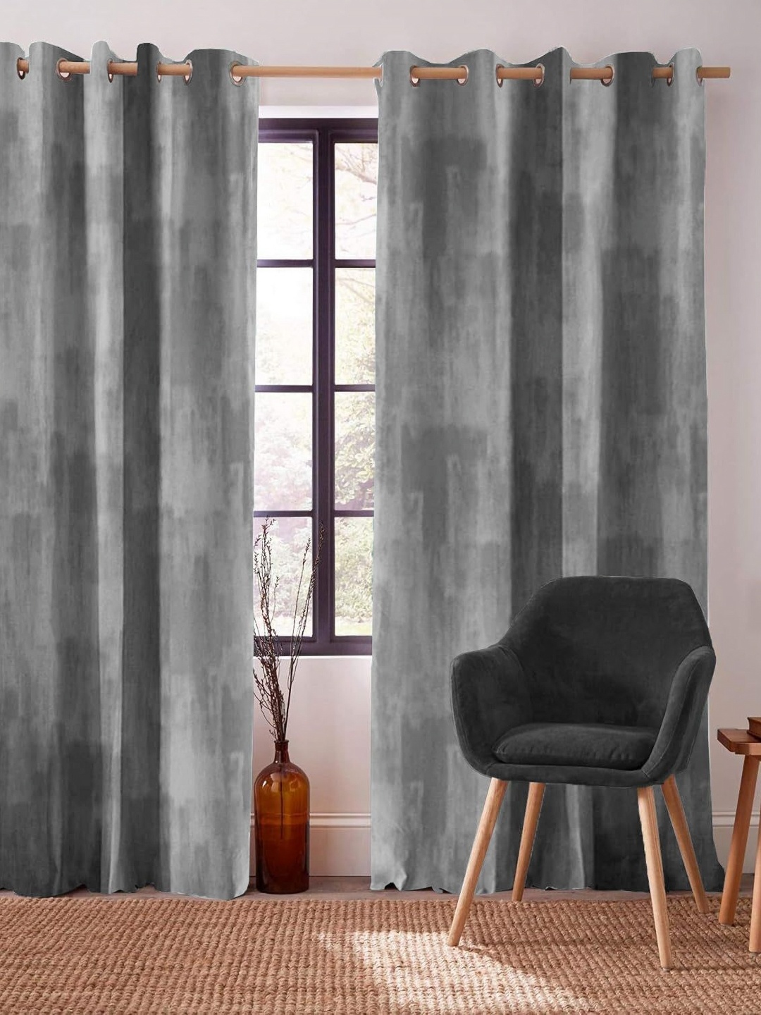 

CASABLEU Grey 2 Pieces Abstract Printed Black Out Door Curtains