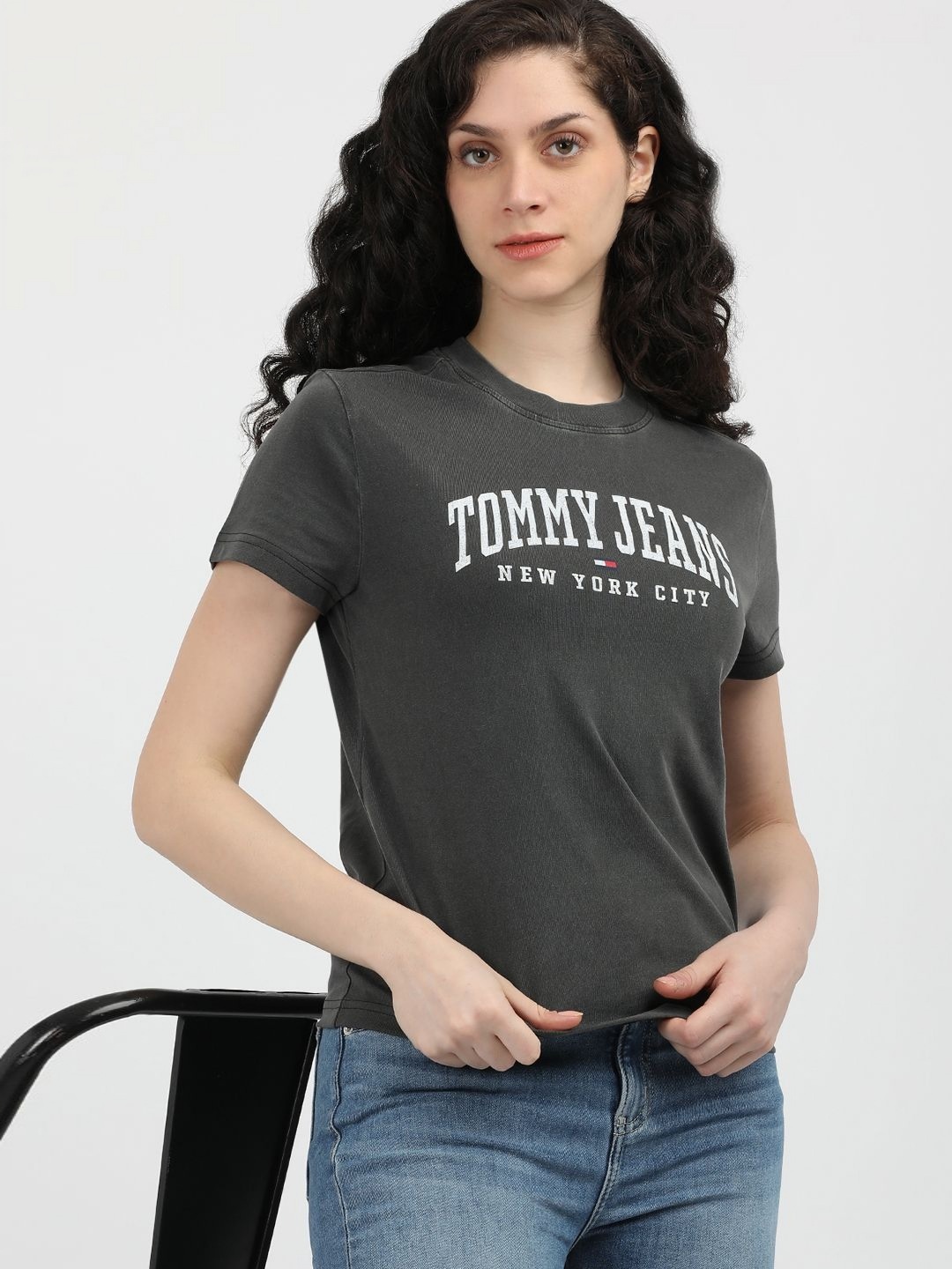 

Tommy Hilfiger Women Brand Logo Printed Round Neck Cotton T-shirt, Black