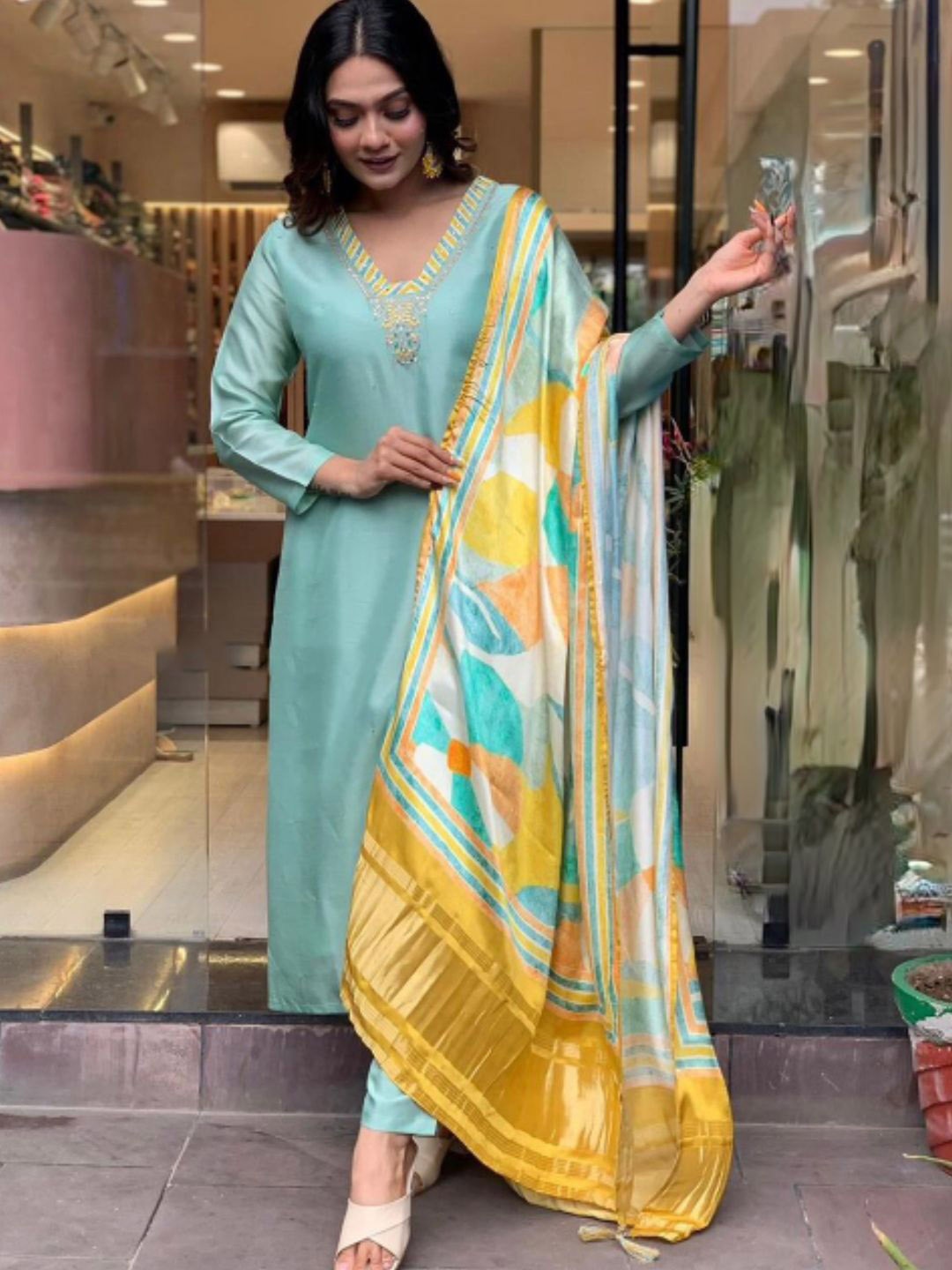 

KALINI Floral Yoke Design V-Neck Sequinned Straight Kurta With Trousers & Dupatta, Sea green