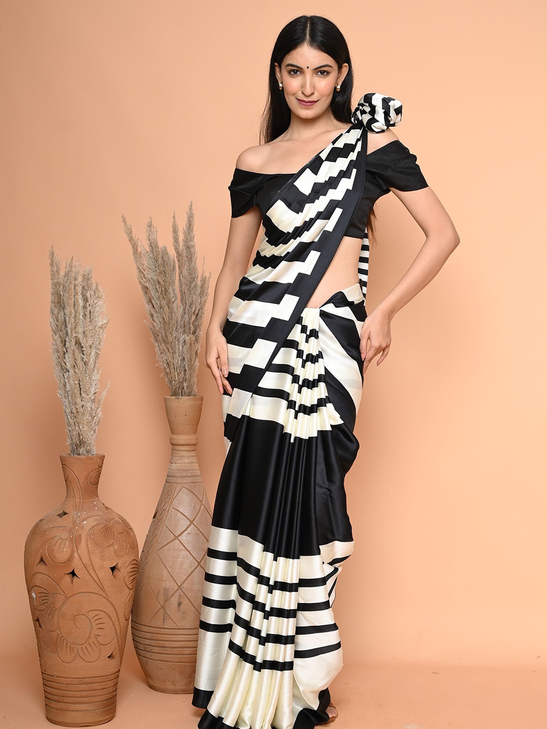 

BEATITUDE Striped Satin Saree, White