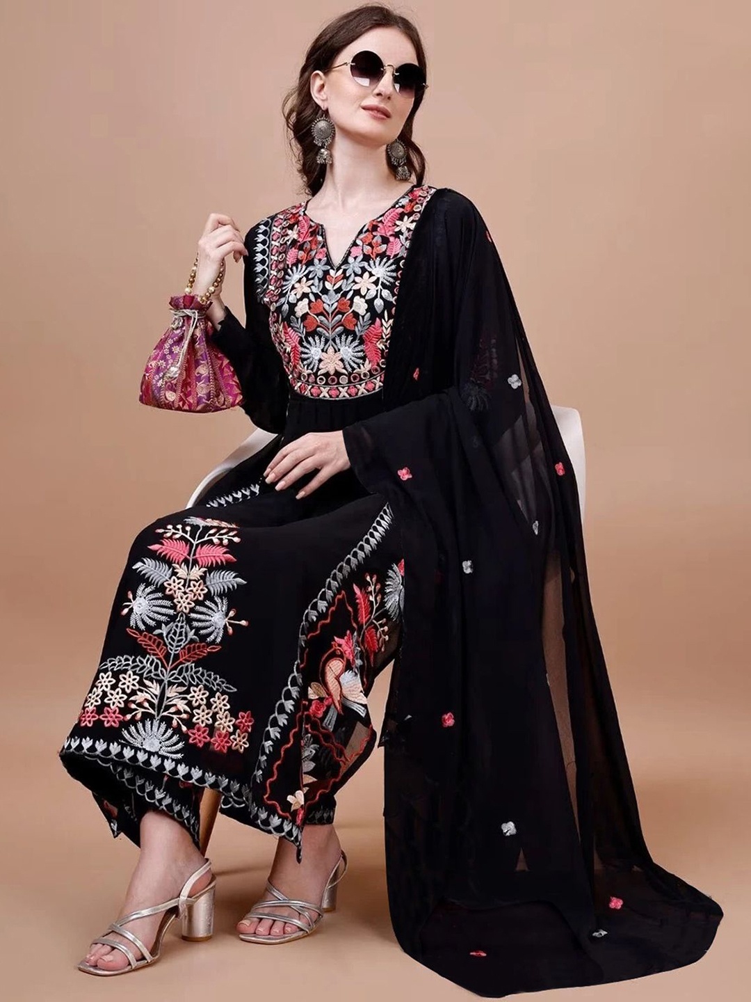 

BAESD Floral Embroidered Notch Neck Georgette A-line Kurta with Trousers & Dupatta, Black