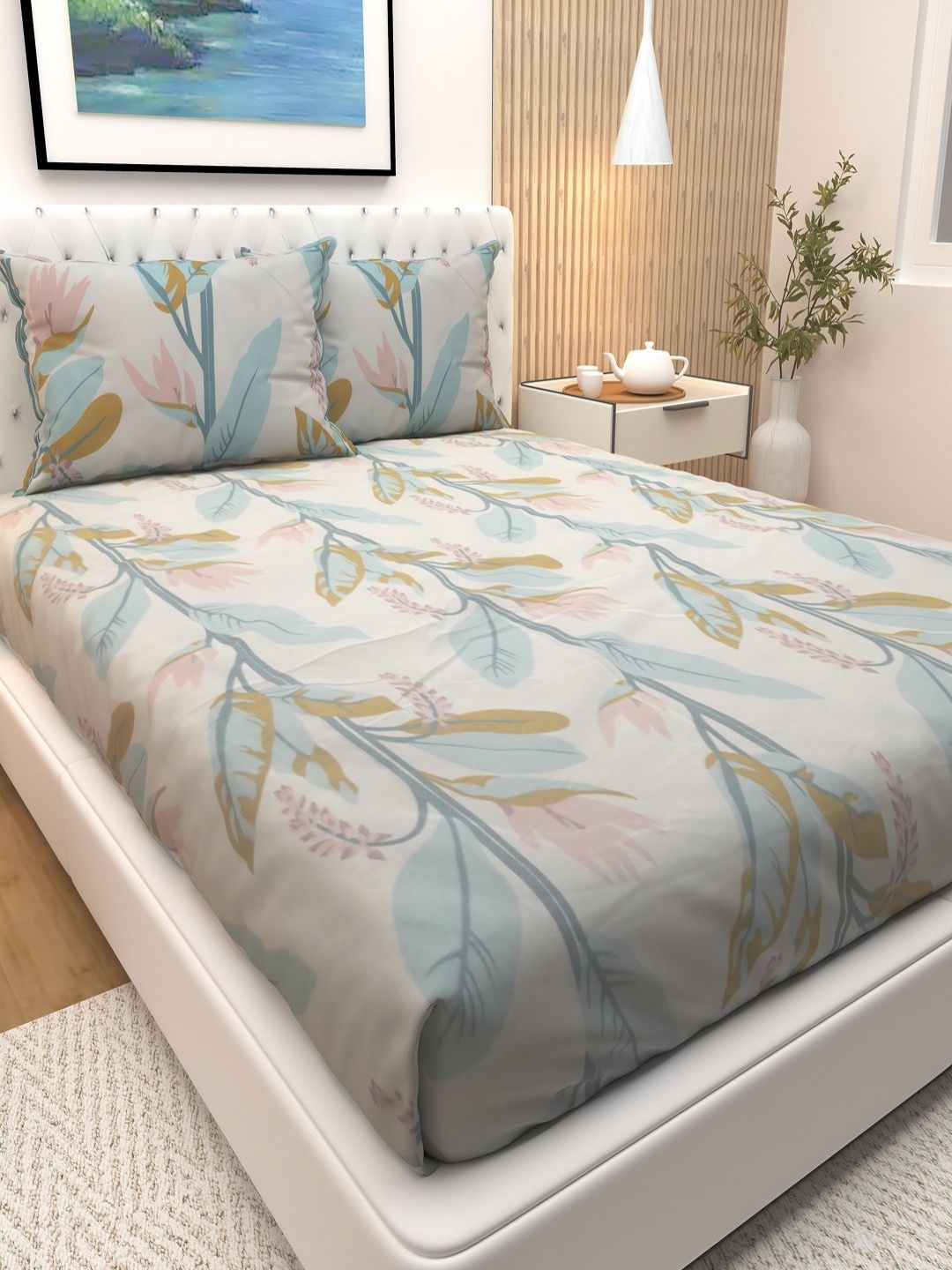 

Athom Living White & Grey Floral Printed Cotton 180 TC Queen Bedsheet with 2 Pillow Covers