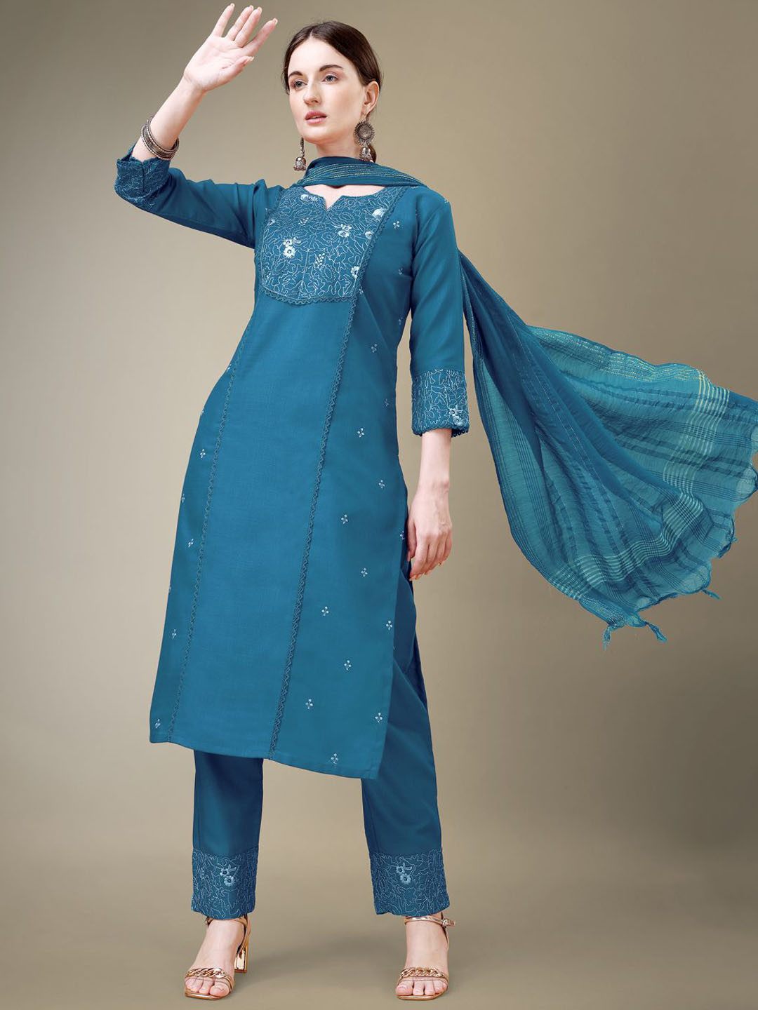 

KAYOMMI Floral Embroidered Straight Kurta with Trousers & Dupatta, Blue