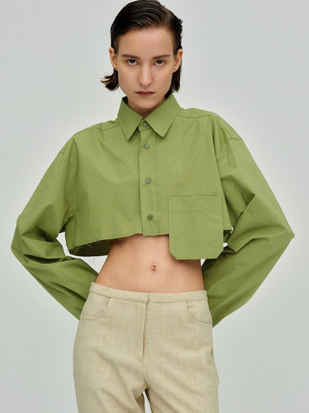 

KPOP Women Solid Shirt Collar Top, Green