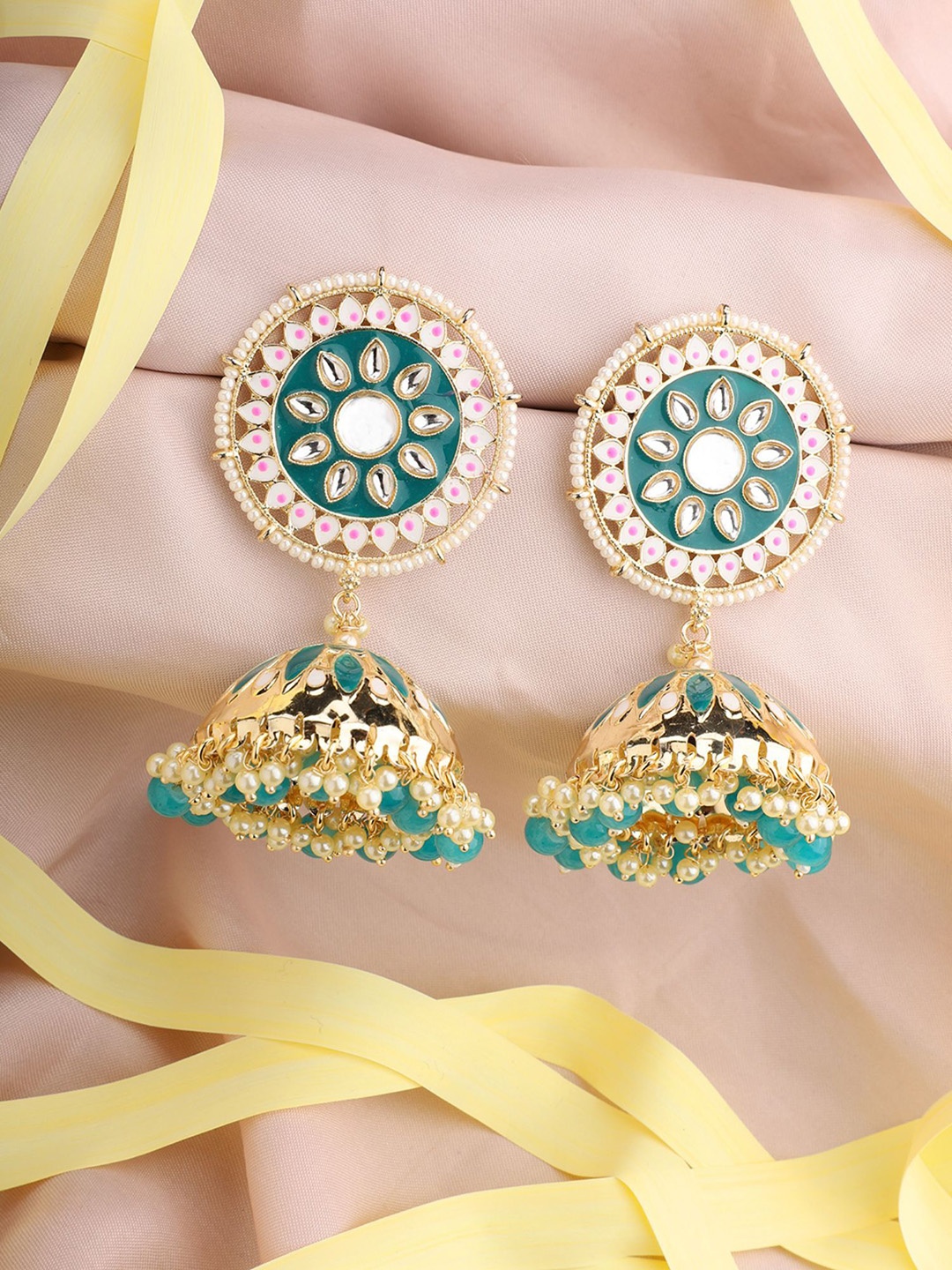 

ANIKAS CREATION Gold Plated Kundan Studded Jhumkas, Green