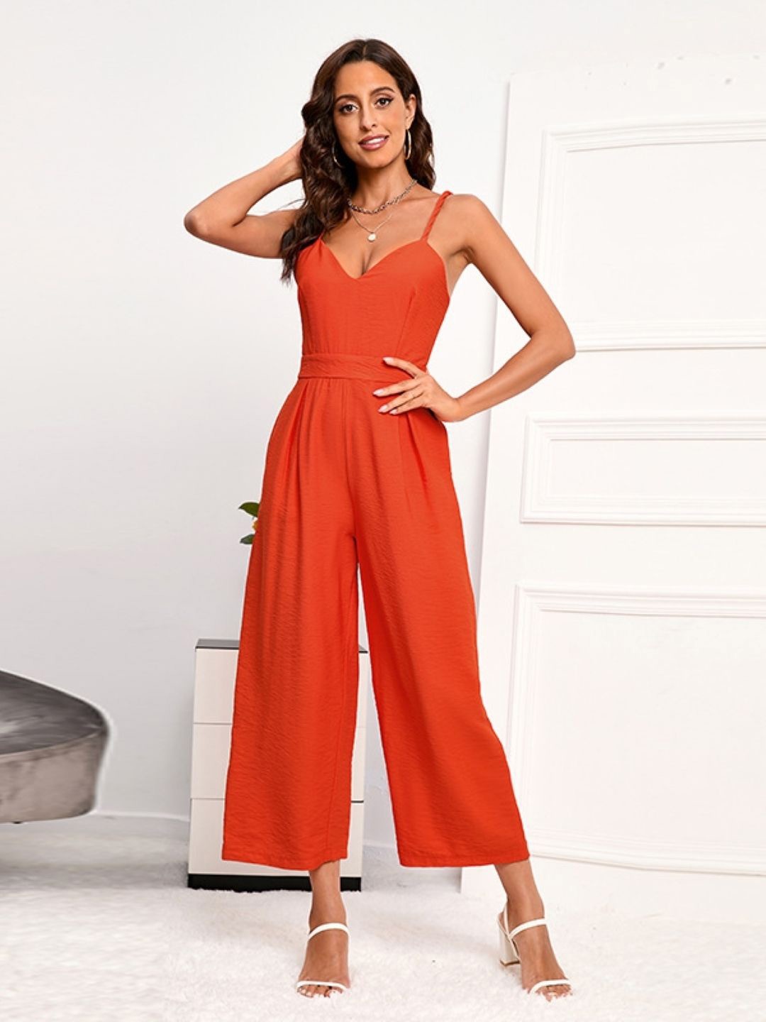 

KPOP Shoulder Strap Wide Leg Basic Jumpsuit, Orange