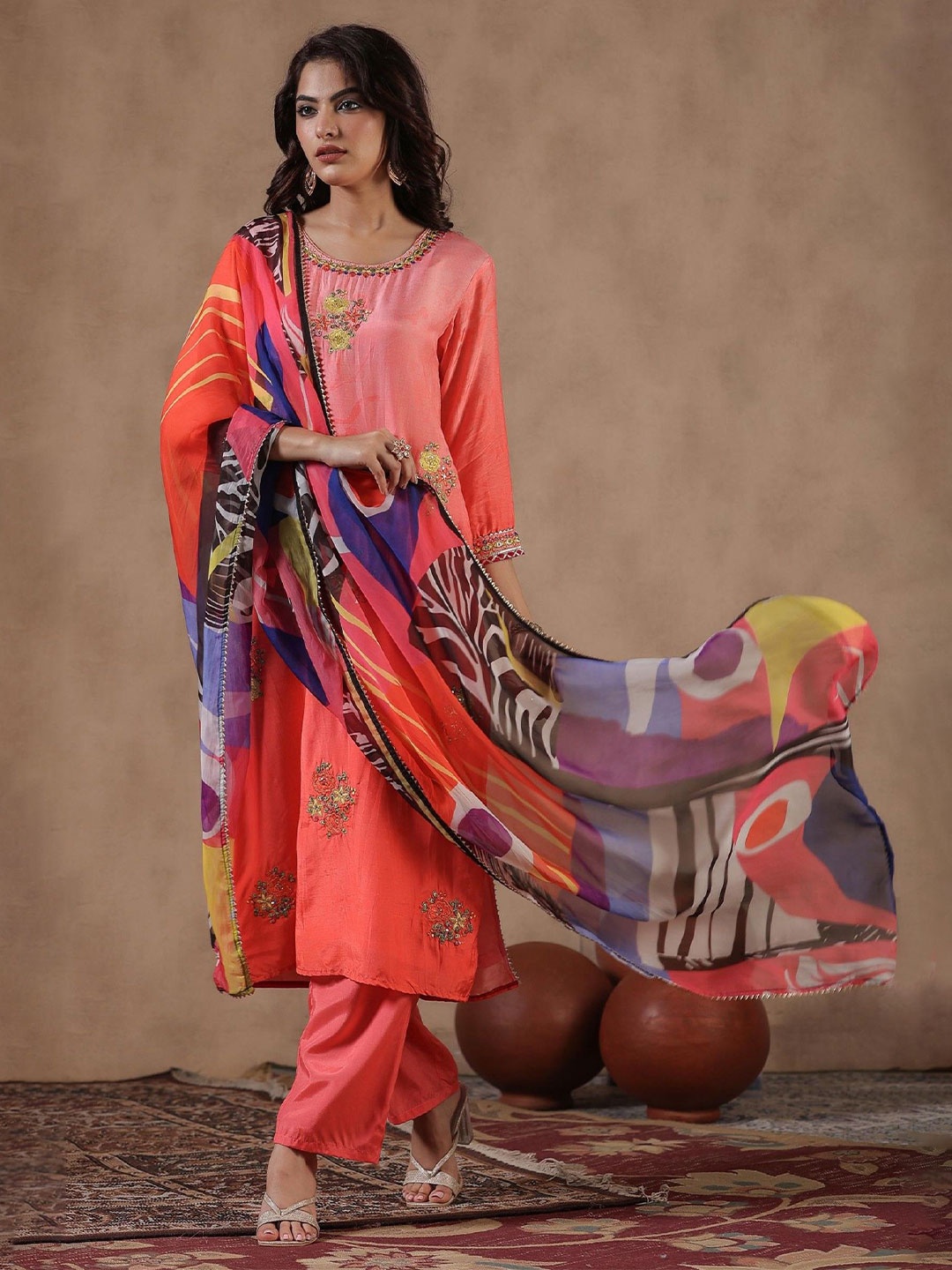 

SCAKHI Floral Embroidered Regular Thread Work Kurta with Trousers & Dupatta, Coral