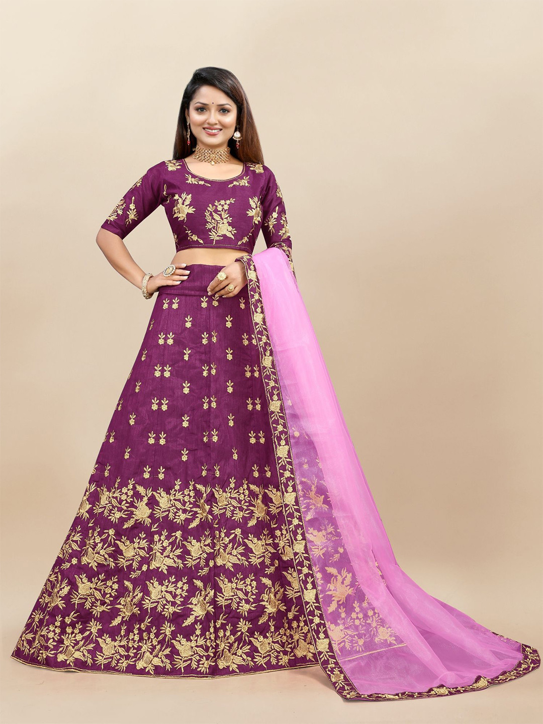 

LADY SHOPI Embroidered Thread Work Semi-Stitched Lehenga & Unstitched Blouse With Dupatta, Purple