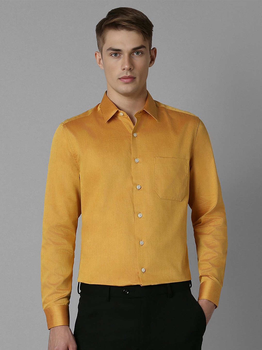 

Louis Philippe Men Spread Collar Solid Cotton Slim Fit Formal Shirt, Yellow