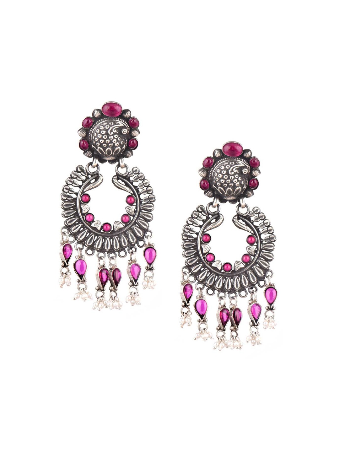 

Indianshelf Oxidised 92.5 Sterling Silver Stones Studded & Beaded Drop Earrings