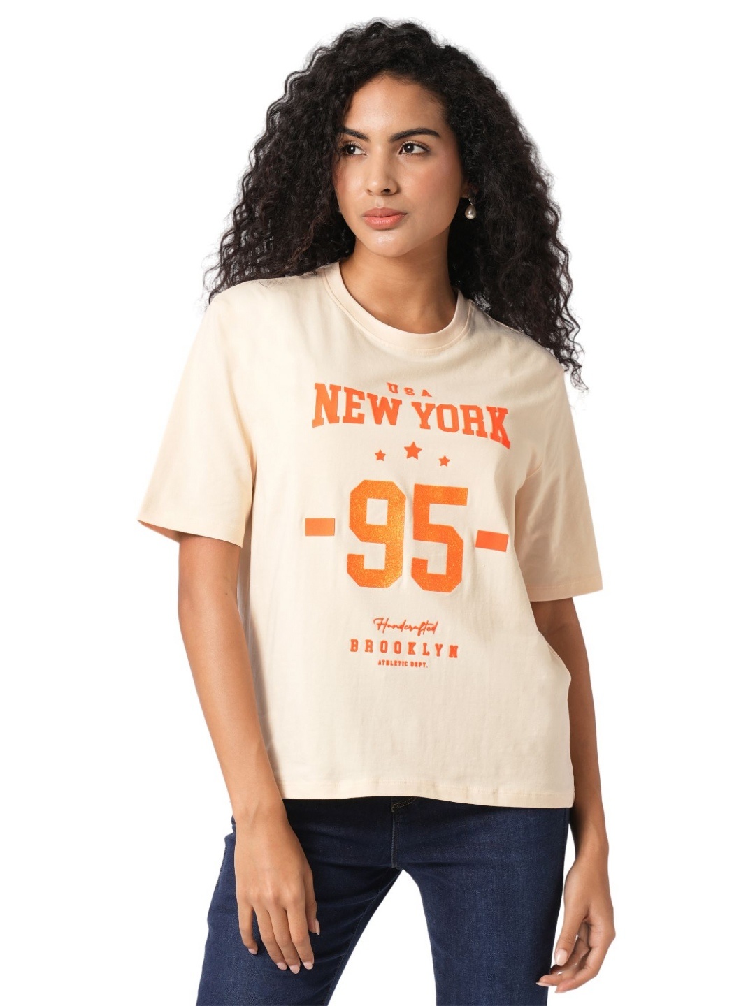 

Kraus Jeans Women Varsity Printed Round Neck Cotton Slim Fit T-shirt, Cream