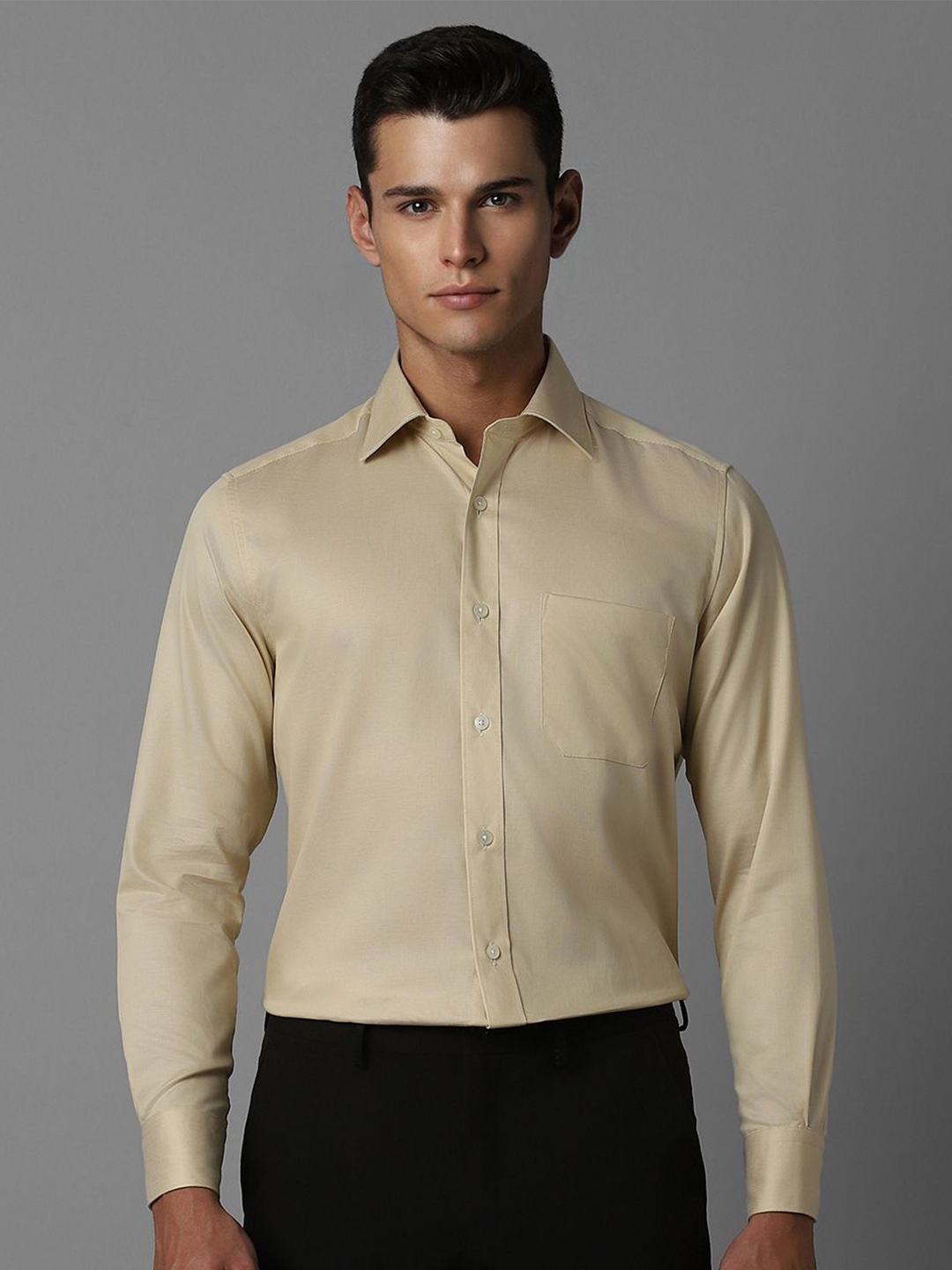 

Louis Philippe Men Spread Collar Solid Cotton Formal Shirt, Khaki