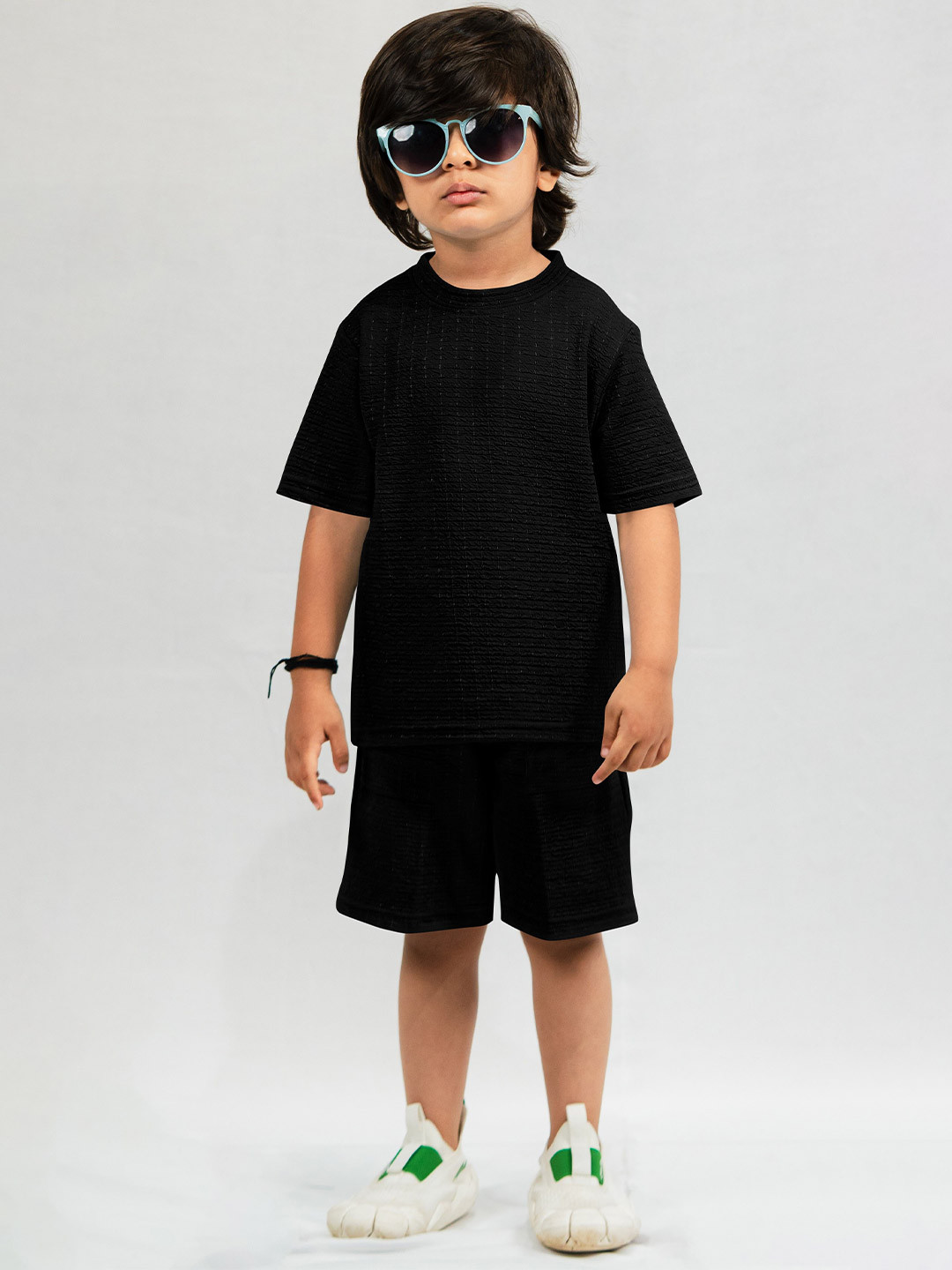 

Emblica Unisex Kids Self Design Round Neck Short Sleeves Casual T-shirt With Shorts, Black