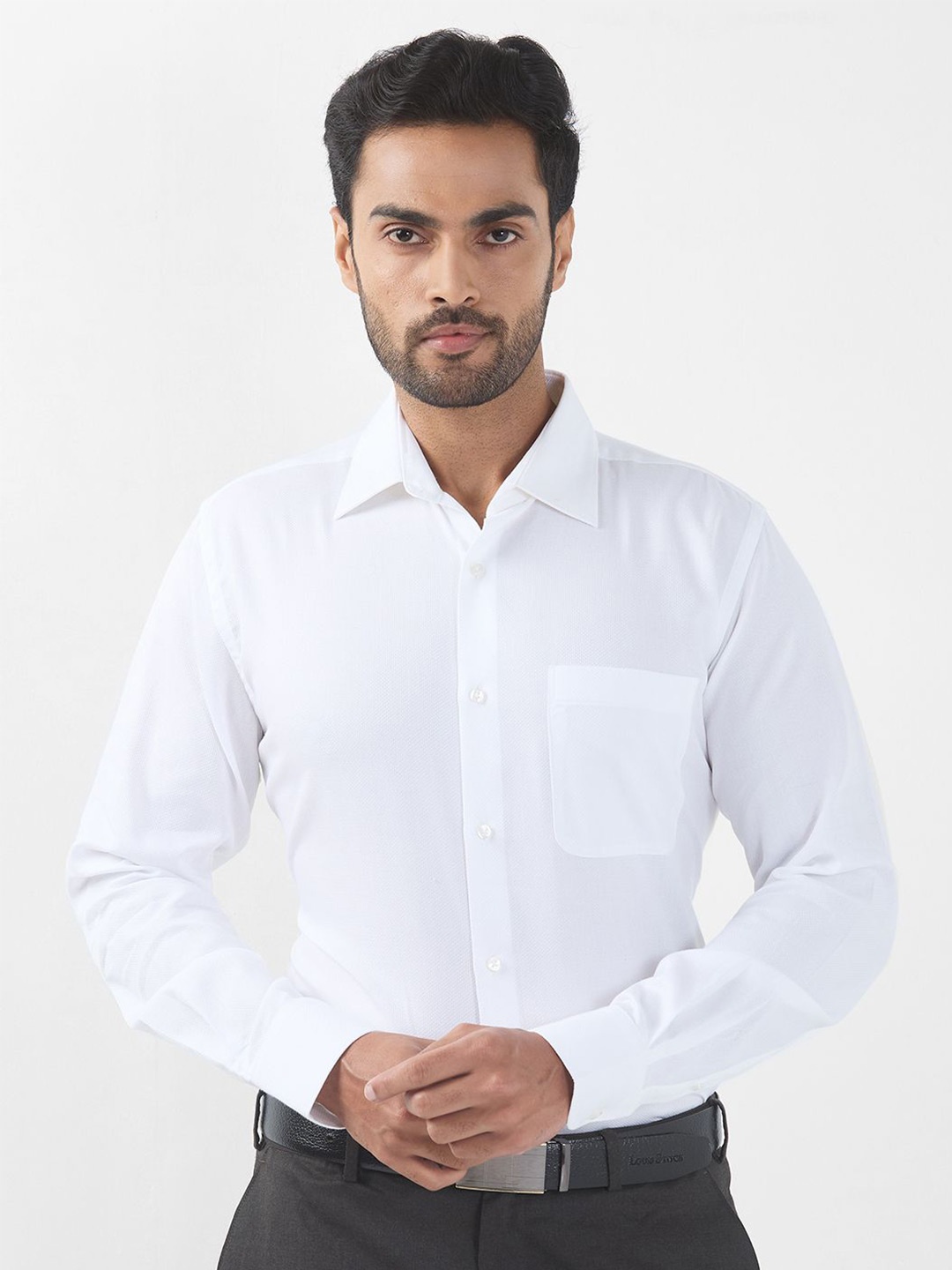 

Raymond Men Contemporary Spread Collar Textured Cotton Formal Shirt, White