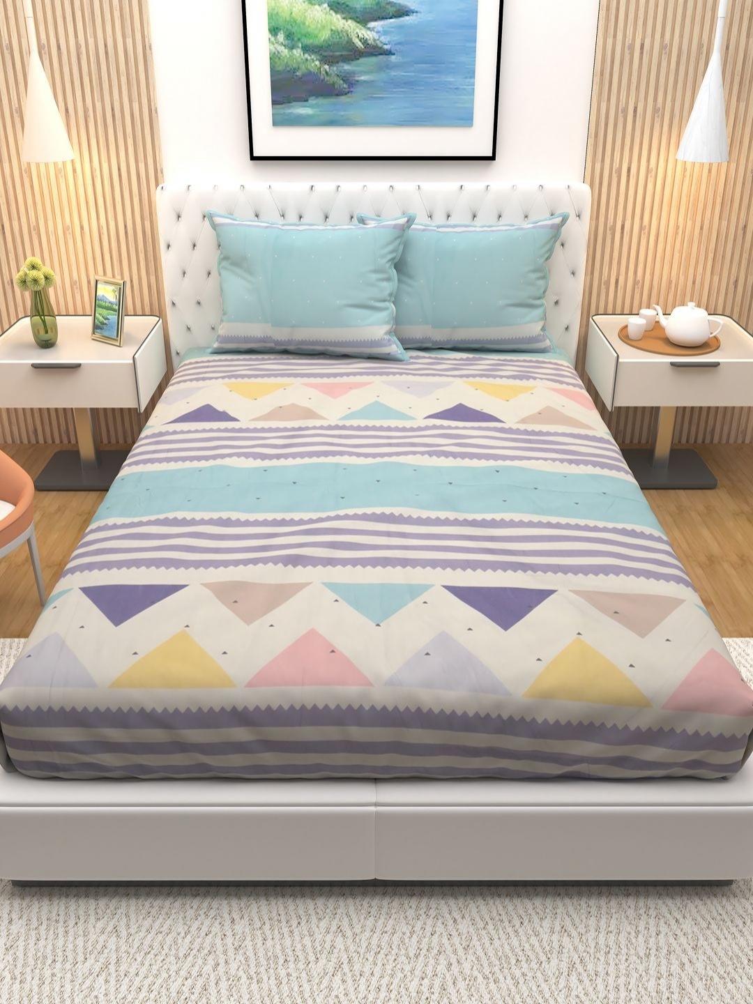 

Aura Off White & Blue Geometric Printed Cotton 180 TC Queen Bedsheet with 2 Pillow Covers