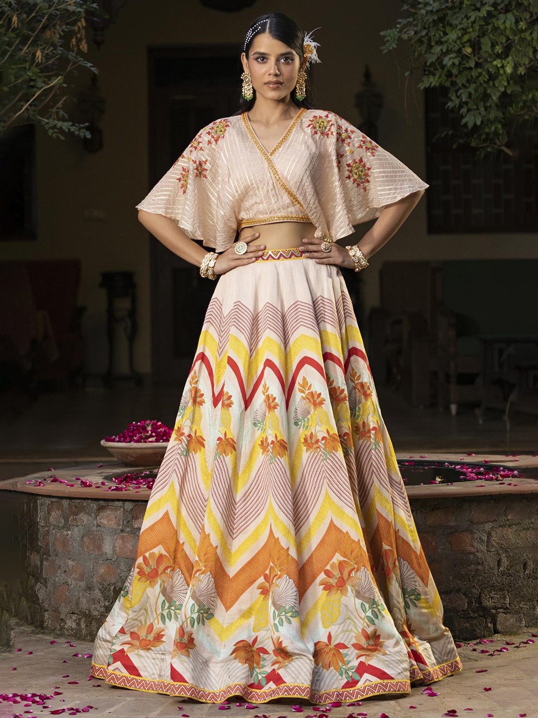 

SCAKHI Thread Work Floral Printed Ready to Wear Lehenga & Blouse, Cream