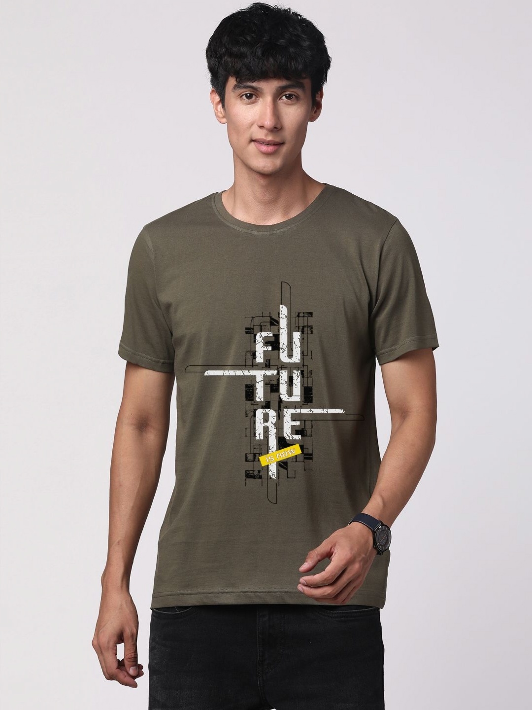 

ADRO Men Graphic Printed Round Neck Cotton T-shirt, Olive