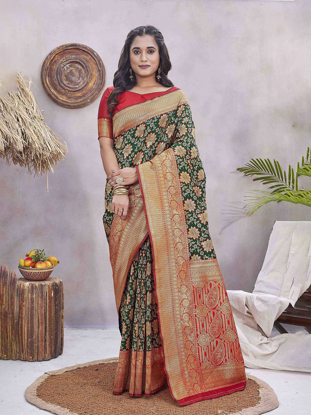 

Krimmple Woven Design Zari Silk Blend Baluchari Saree, Green