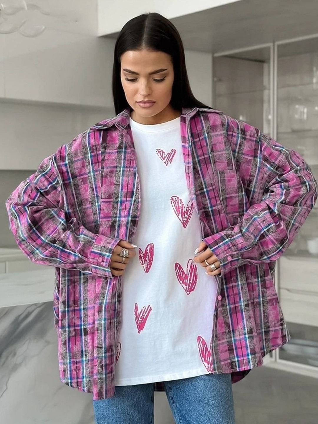 

KPOP Women Checked Shirt Collar Pure Cotton Top, Pink