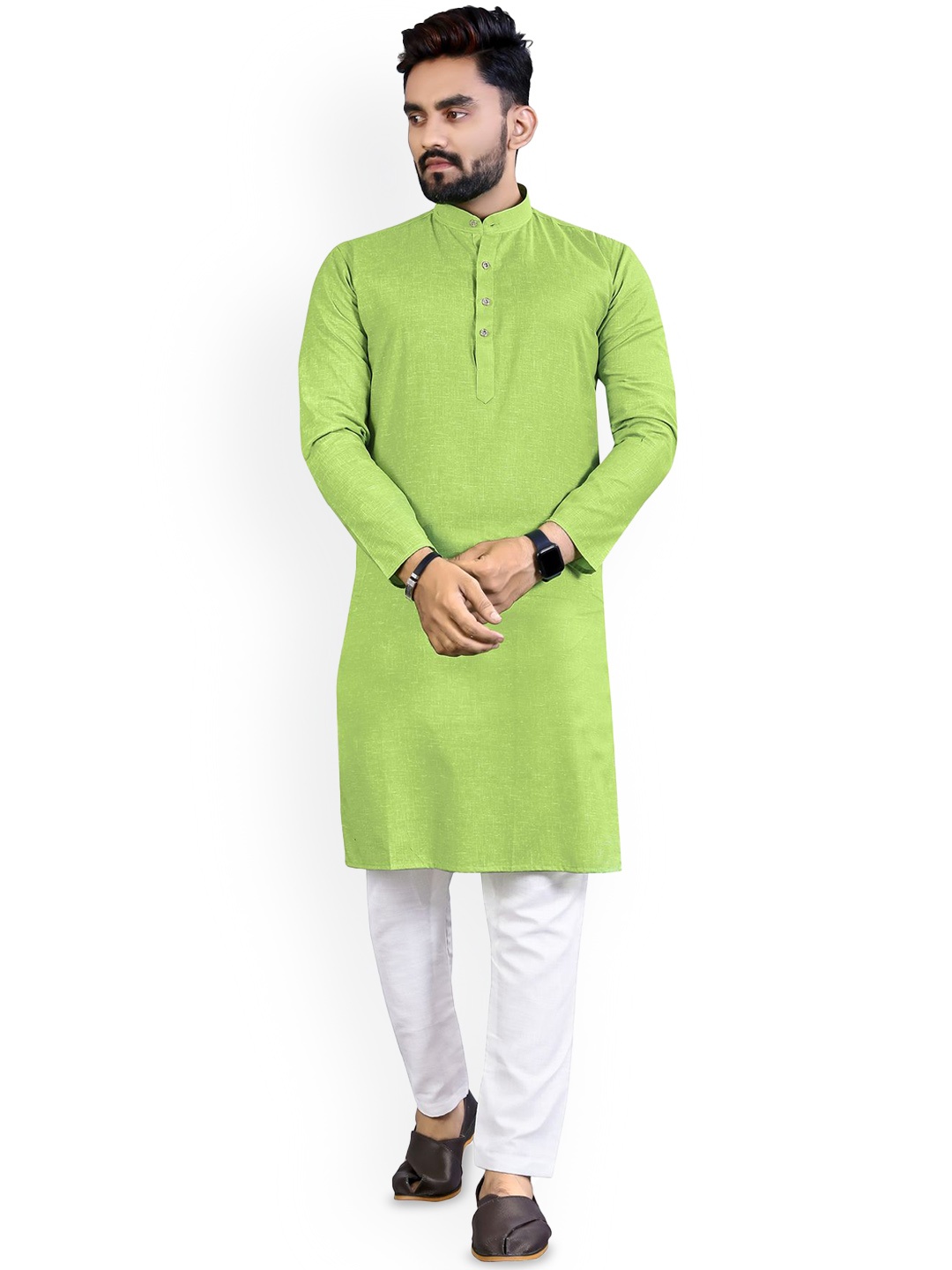 

CHARLOTTE GRACIOUS Mandarin Collar Cotton Silk Straight Kurta, Green